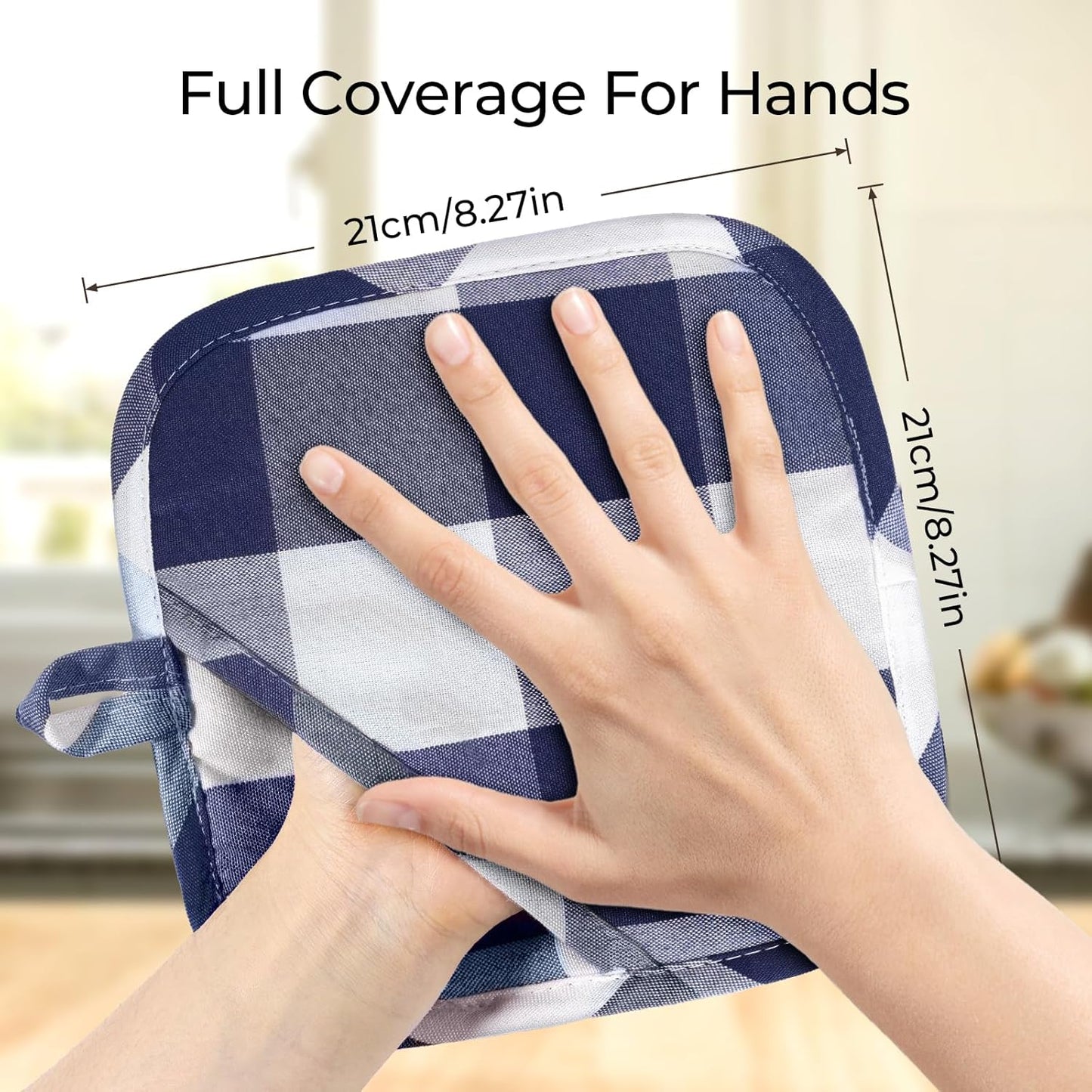 Cotton Pot Holders for Kitchen Heat Resistant Potholder, Hot Pads, Trivet Coaster Non-Slip Potholders Set for Cooking and Baking (2, Blue Plaid, Square，8.27 in²)