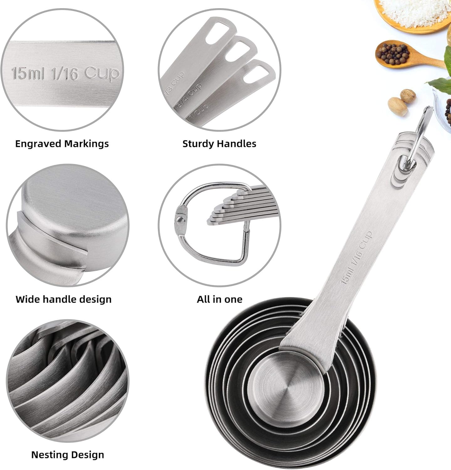 Measuring Cups and Spoons Set, 7 Stainless Steel Measuring Cups and 8 Measuring Spoons and 1 Measurer Ingredient Leveler and 1Magnetic Conversion Chart and 2 Rings(19pcs)