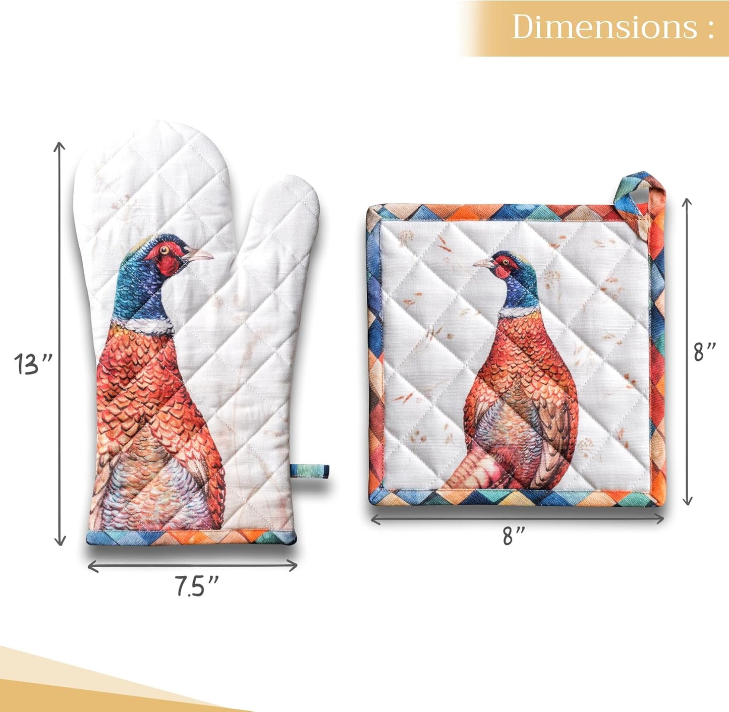 Maison d' Hermine 100% Cotton Oven Mitt & Pot Holder Set (7.5"x13" & 8"x8") Heat Resistant BBQ Cooking Gloves with Loop, Baking, Grilling, Kitchen, Handling Hot Pans (Faisan D'Automne)