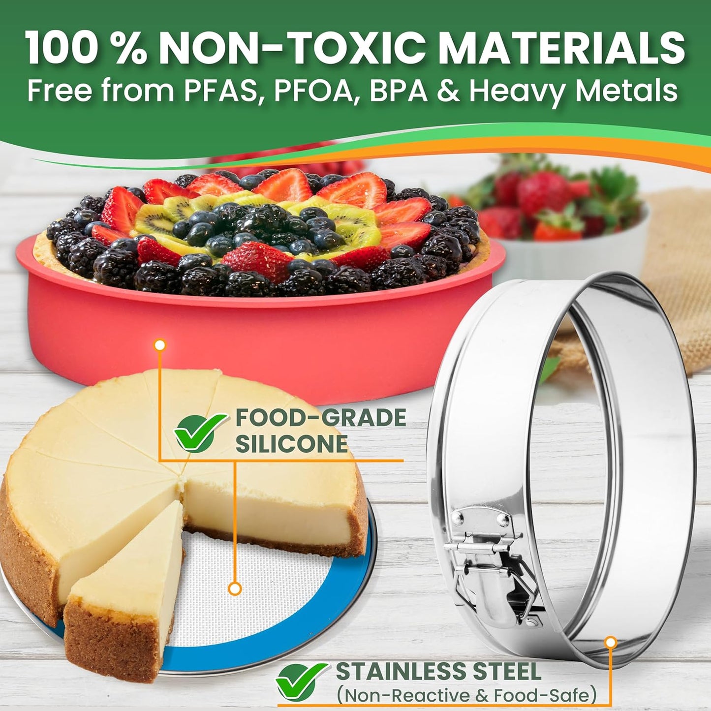 Cheese Cake Pans for Baking - NON TOXIC 9 Inch Spring Form Pan for Cheesecake with LEAKPROOF SILICONE PROTECTOR - STAINLESS STEEL 9 Inch Springform Pan for Cheesecake WATER BATH