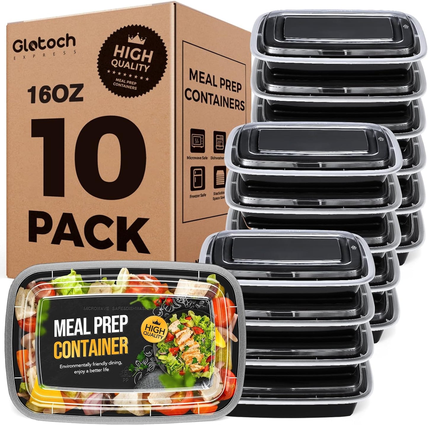 20-Piece (10-Pack) 16 OZ Meal Prep Containers Reusable with Lids, Sturdy Leakproof & Food Safe, Microwave, Freezer, Dishwasher Safe To Go Food Containers, Plastic Take Out Containers, Black
