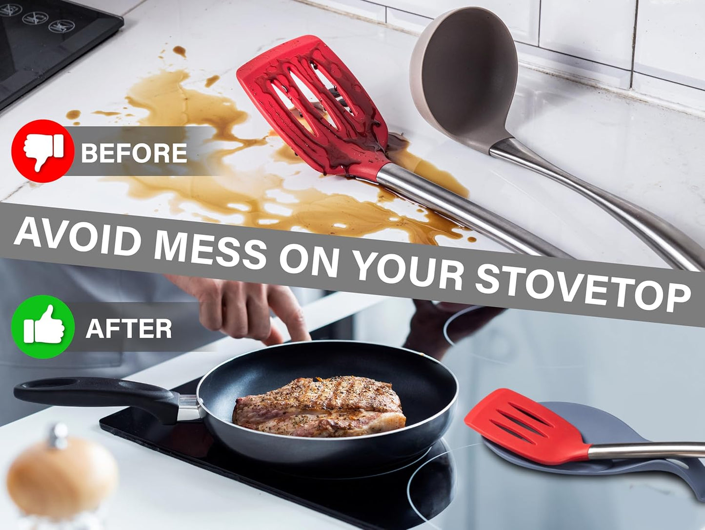 Silicone Spoon Rest for Stove Top, Set of 2 - HEAT RESISTANT, EASY TO CLEAN Kitchen Spoon Rest for Kitchen Counter, Holds XL Utensils, Safe on GLASS & INDUCTION Cooktops, DOESN’T BREAK if Dropped