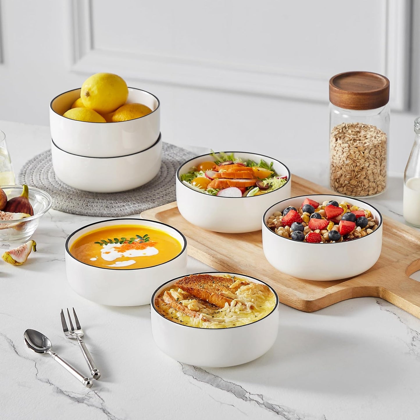 MALACASA 24 OZ Cereal Bowls, Porcelain Soup Oatmeal Bowls Set of 6, White Kitchen Ceramic Serving Bowl wtih Black Rim, Dishwasher Microwave Oven Safe, White, Series LUNA