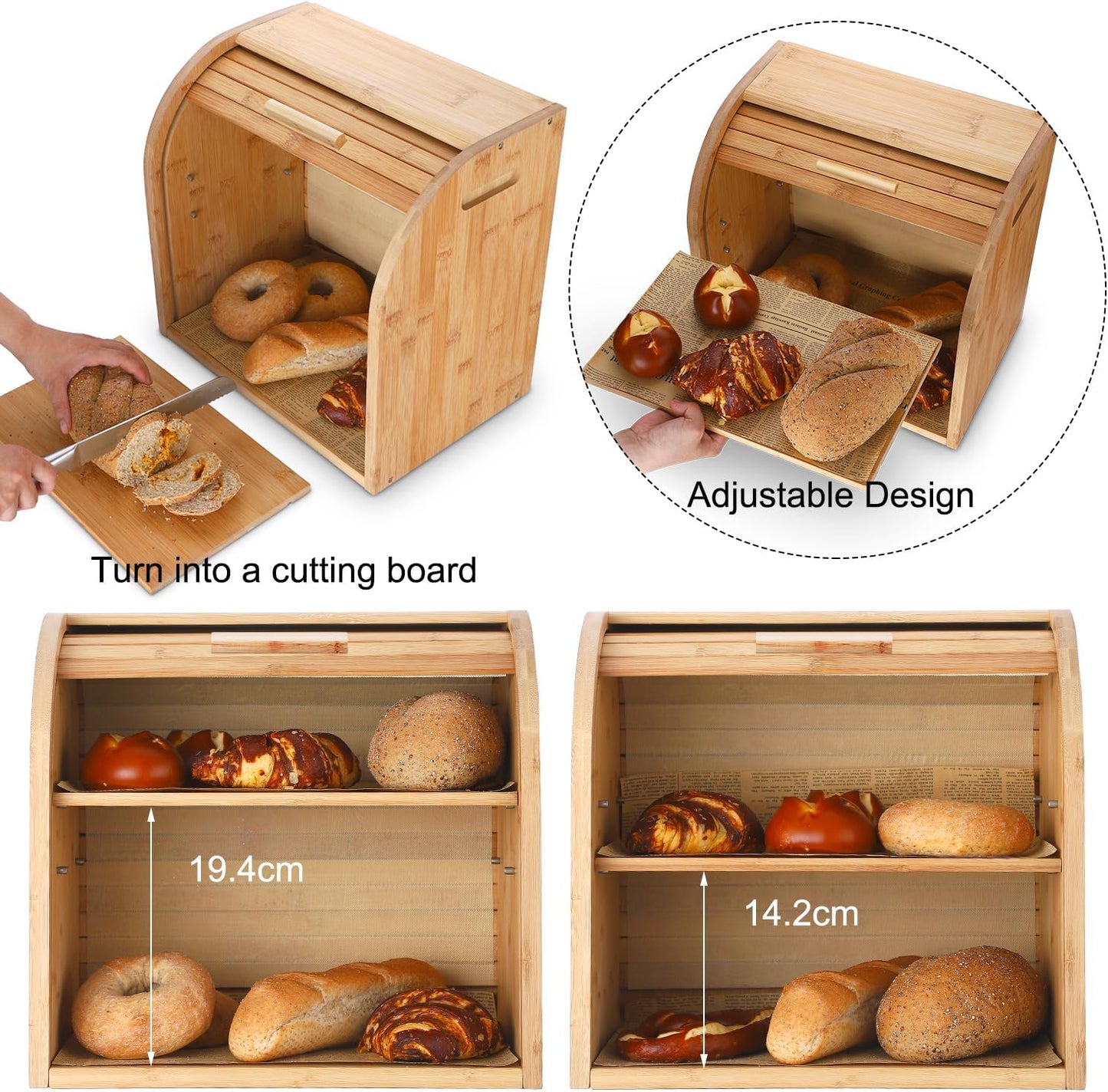 G.a HOMEFAVOR Bread Box, 2 Layer Bamboo Bread Boxes for Kitchen Food Storage, Large Capacity Bread Keeper Roll Top with Removable Layer, 15" x 9.8" x 14.2", 15 mm Thickness (Self-assembly)