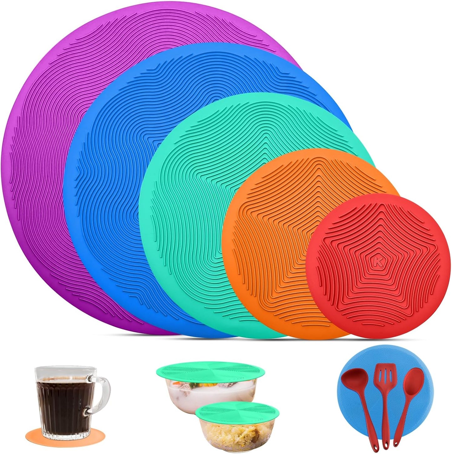 KooMall 12 10 8 6 4 Inch Multi-Purpose Microwave Mat, as Trivet, Pot Holders, Food Cover, Cup Lids, Drying, Place Mat, Utensils Rest, Heat Pad for Hot Pot Pans Bowls Plates Dishes Kitchen Counter