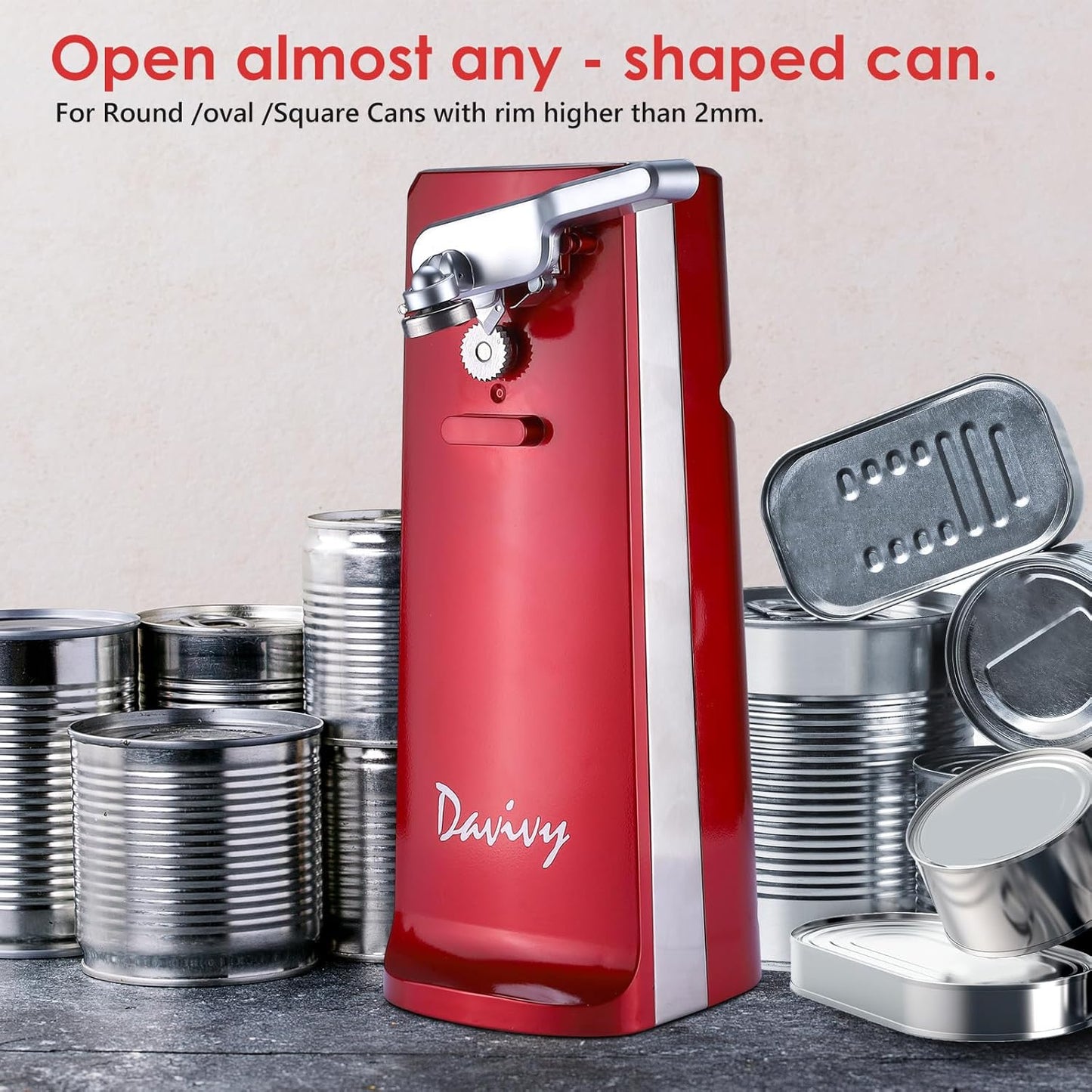 Davivy Electric Can Opener for One Touch Lid Opening,Removable Stainless Steel Cutter and 3- in-1 Design with Knife Sharpener and Bottle Opener, Red