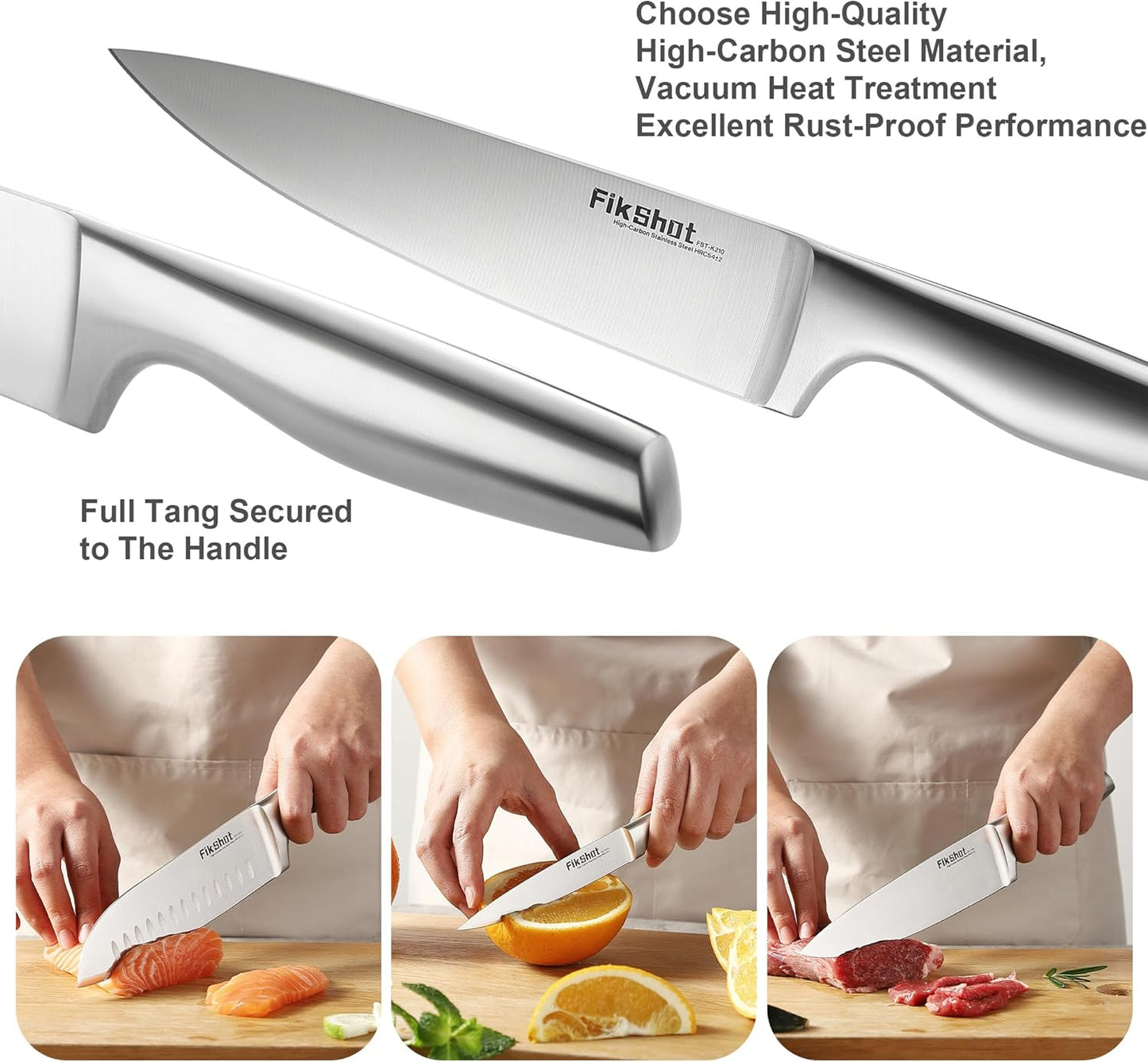 Kitchen Knife Set, FIKSHOT Premium Stainless Steel Knife Block Set, Razor-Sharp Santoku Knife and Fruit Knives, Gift for Homecooks, Rust-Proof, Designed for Women
