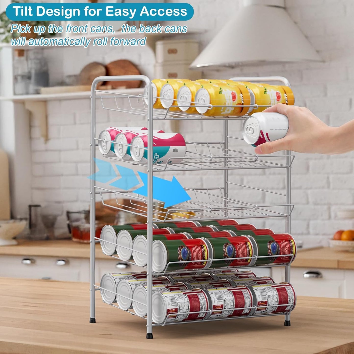 Vrisa Can Organizer for Pantry 5 Tier Canned Food Organizer Can Storage Rack Holds Up to 60 Cans Rolling Soda Soup Vegetable Can Goods Dispenser Shelf for Kitchen Pantry Cabinet, Silver