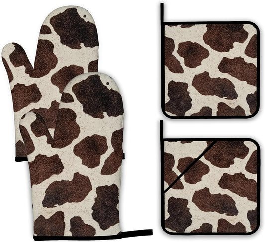 Brown Cowhide Oven Mitts and Pot Holders,Cow Skin Heat Resistant Oven Mitts Gloves and Pot Holder for Home Kitchen Decorations Cooking Baking BBQ Gifts,Set of 4
