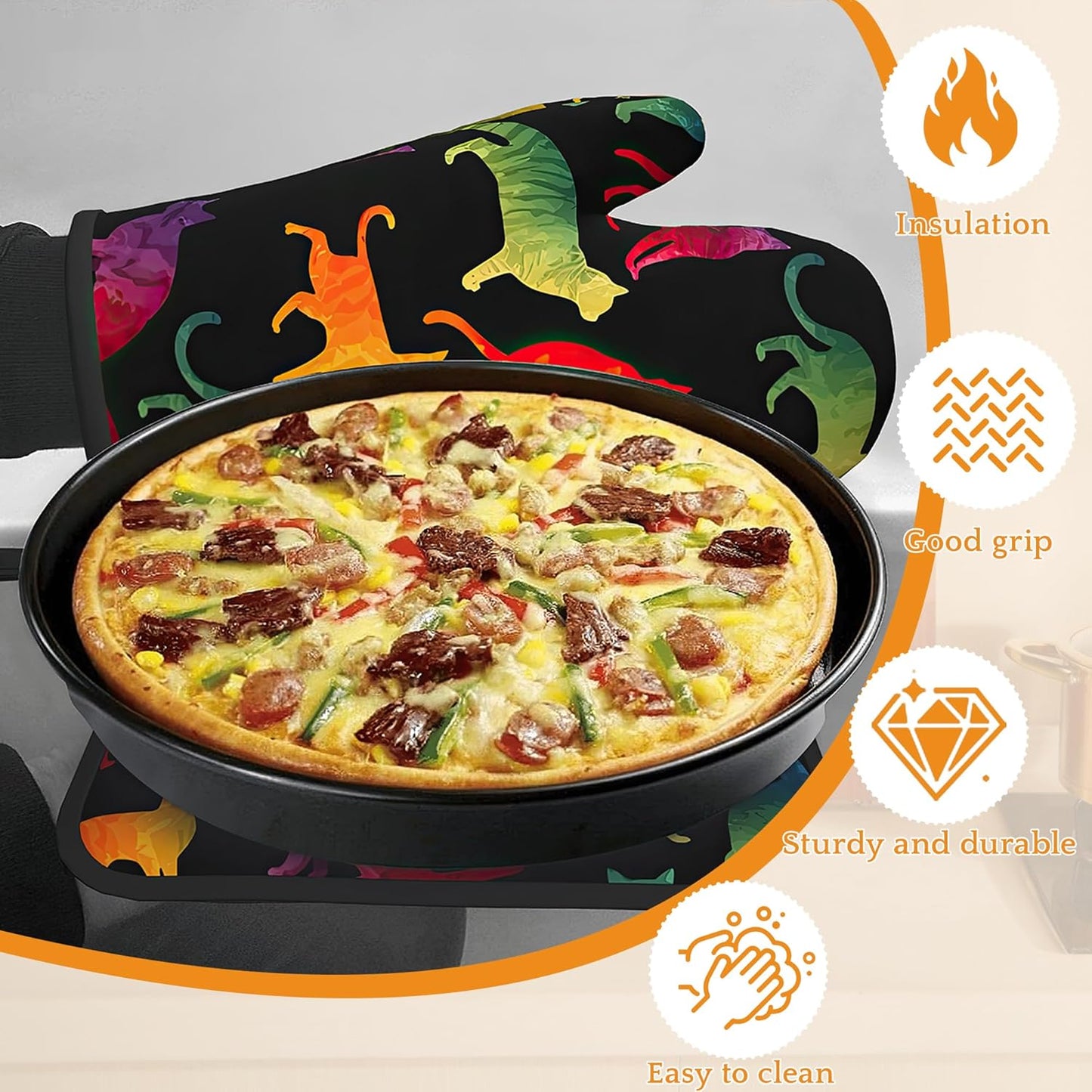 Funny Colorful Cat Oven Mitts and Pot Holders Set,Kitchen Decor Heat Resistant Non Slip Hot Pads and Oven Mitt for Chef Cooking Baking BBQ Mom Girl Gifts(4 Piece Set)