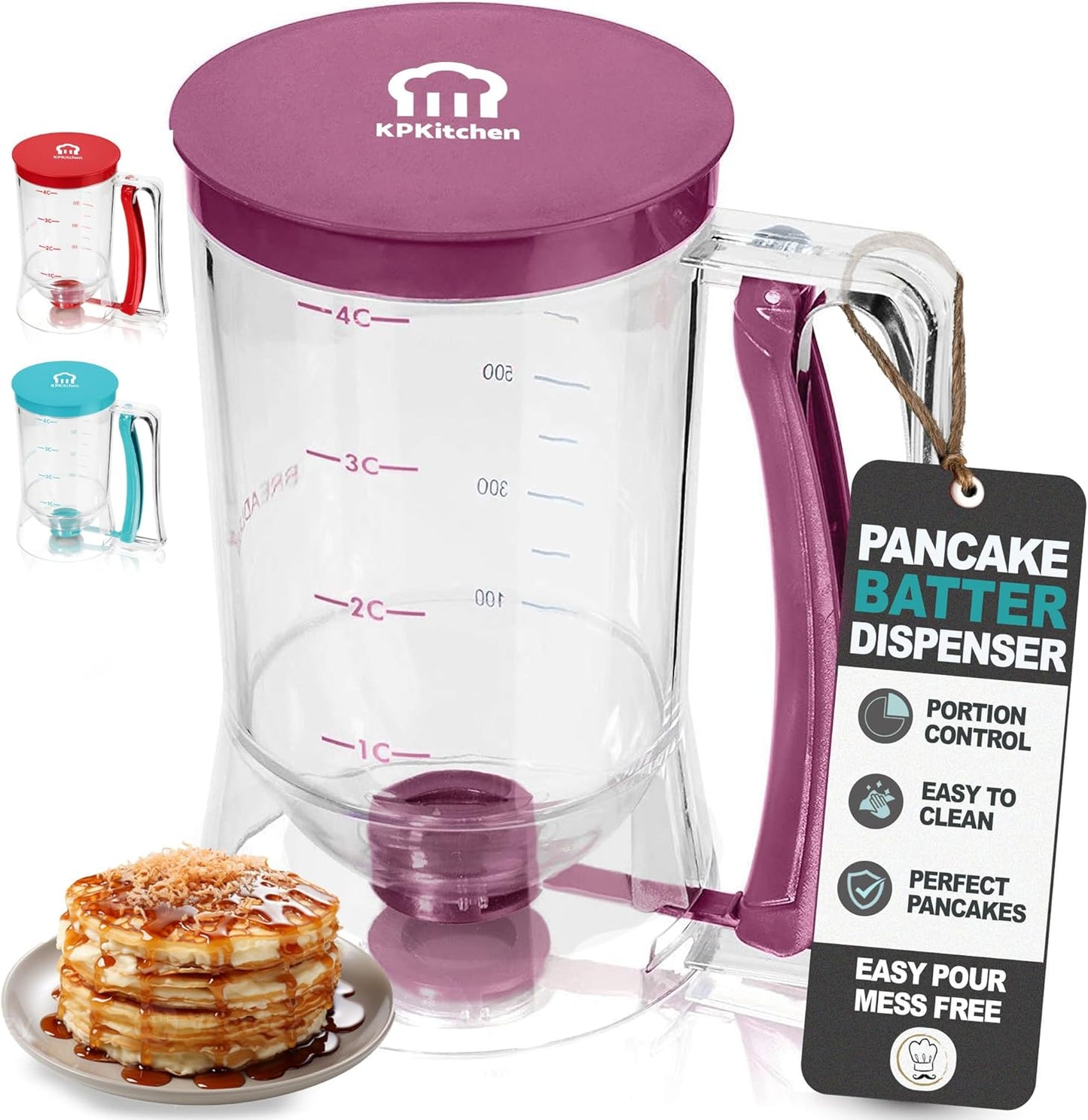 Pancake Batter Dispenser - Kitchen Must Have Tool for Perfect Pancakes, Cupcake, Waffle, Muffin Mix, Cake & Crepe - Easy Pour Baking Supplies for Griddle - Pancake Maker with Measuring Label (Purple)