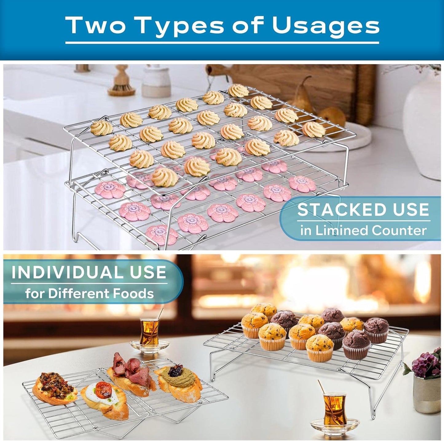 15IN x 10IN Cooling Baking Rack Set of 4, Leonyo 4-Tier Stackable Stainless Steel Wire Baking Cooking Racks Set for Cookie, Pizza, Cup Cake, Raised & Folding Feet