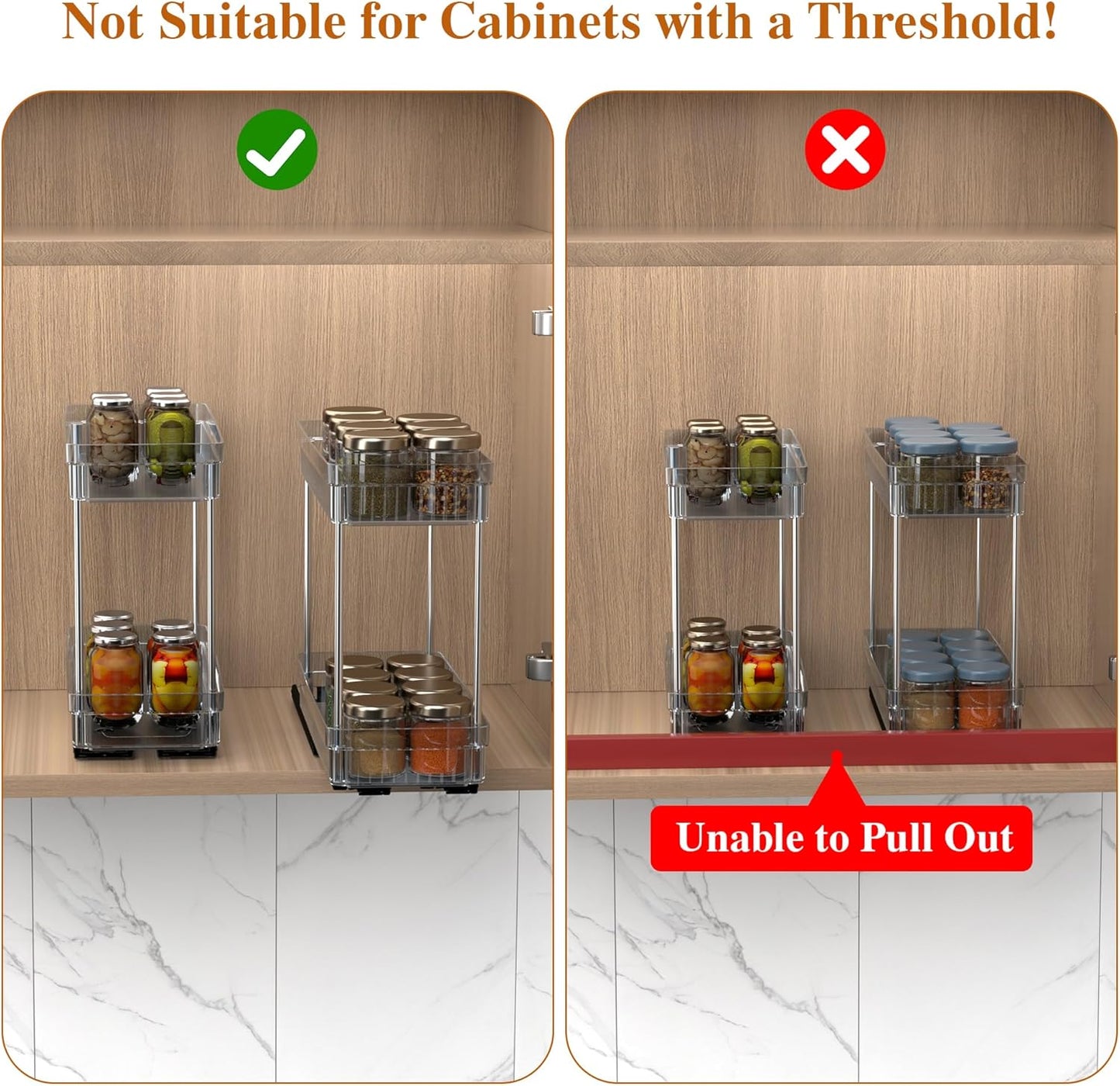 2 Pack Pull Out Spice Rack Organizer for Cabinet, 2 Tier Slide Out Spice Racks Organizer, Spice Cabinet Organizers, Cabinet Size Need:12'' High x 11'' Deep x 5'' Wide, Clear Acrylic