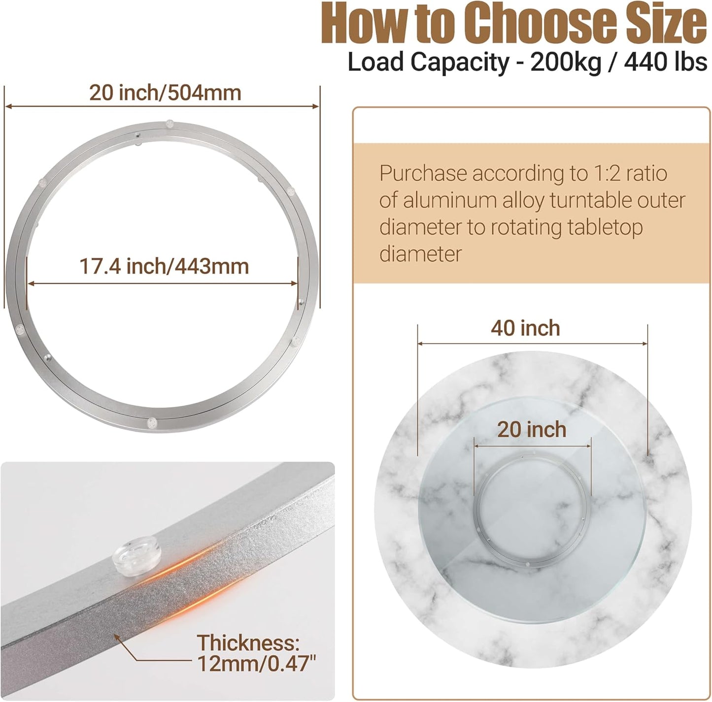 20 Inch Lazy Susan Bearing Heavy-Duty Aluminium Alloy Turntable Bearing, Mute Turntable Ball Bearing, Lazy Susan Rotating Turntable Bearing for Dining and DIY Dotating Furniture(Capacity up to 440lb)