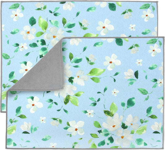 2 Pack Jasmine Dish Drying Mats For Kitchen Counter, Floral Print Dish Drying Mat - 20x15 inches, Absorbent Kitchen Counter Drying Mat, Dish Mat, Fast Drying