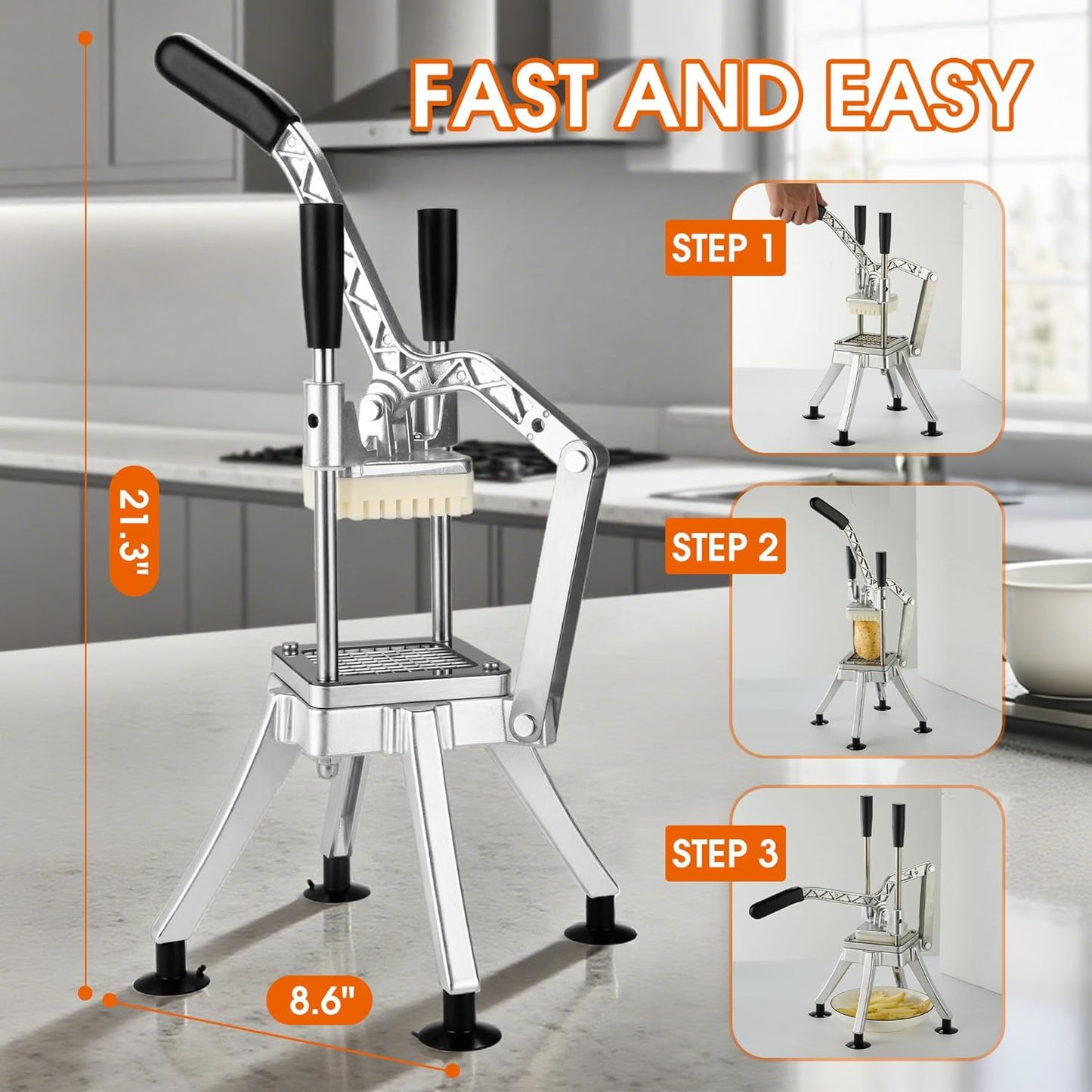 Commercial Vegetable Chopper Potato Dicer & Fruit Slicer, Stainless Steel French Fry Cutter with 3 Replacement Blades(1/2 Inch, 3/8 Inch and 1/4 Inch Blades) for Restaurants & Home Kitchen