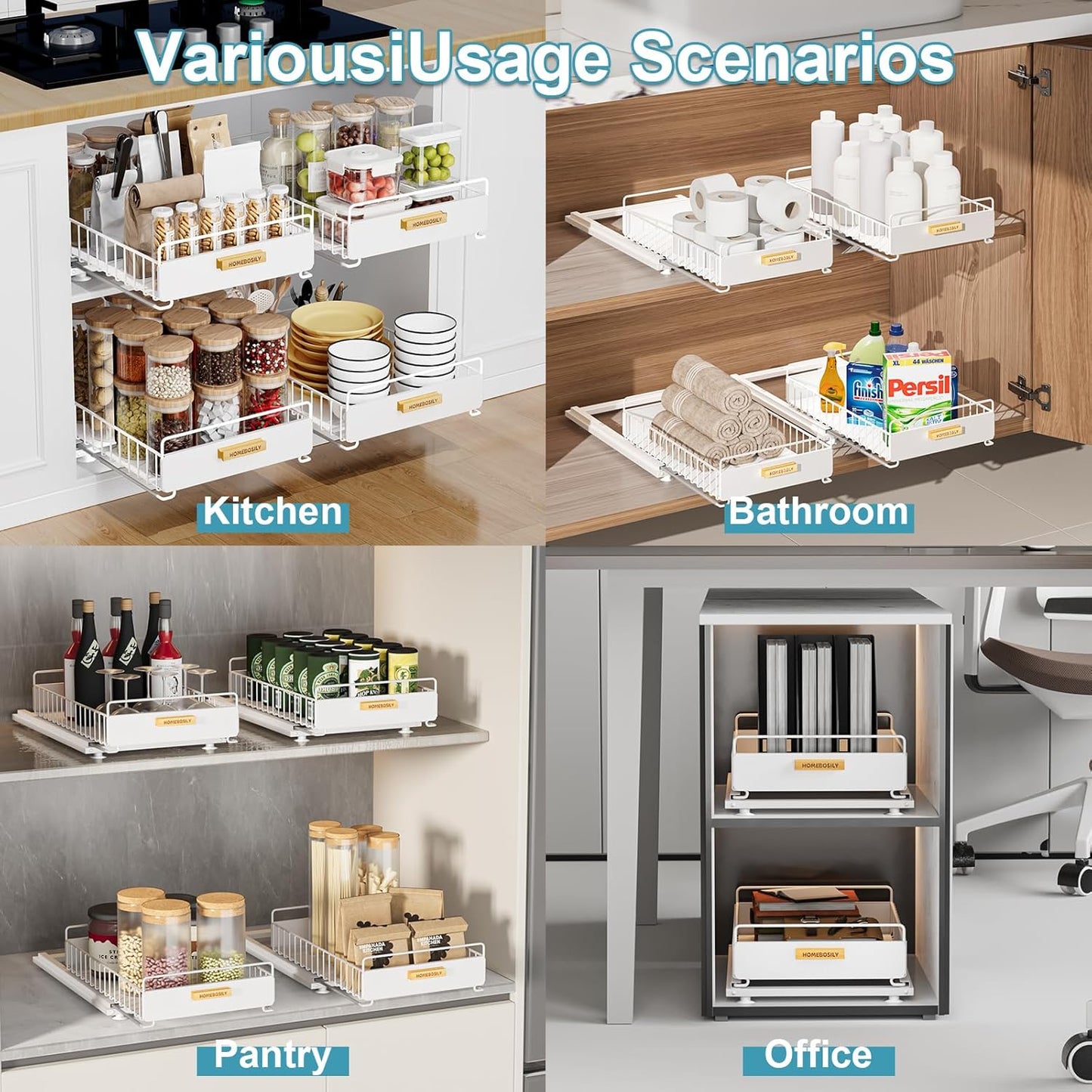 Under Sink Organizer, 2 Pack Pull Out Kitchen Cabinet Organizer, Mute Slide-Out Under Sink Organizers and Storage, Metal Kitchen Bathroom Organizers and Storage Shelves, White