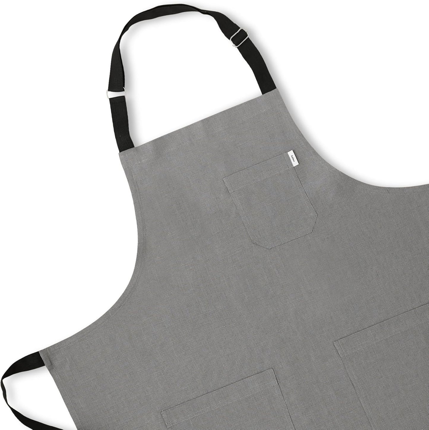 Solino Home Linen Bib Apron for Men & Women - Steel Grey/Black Kitchen Apron with Front Pockets - Handcrafted from European Flax