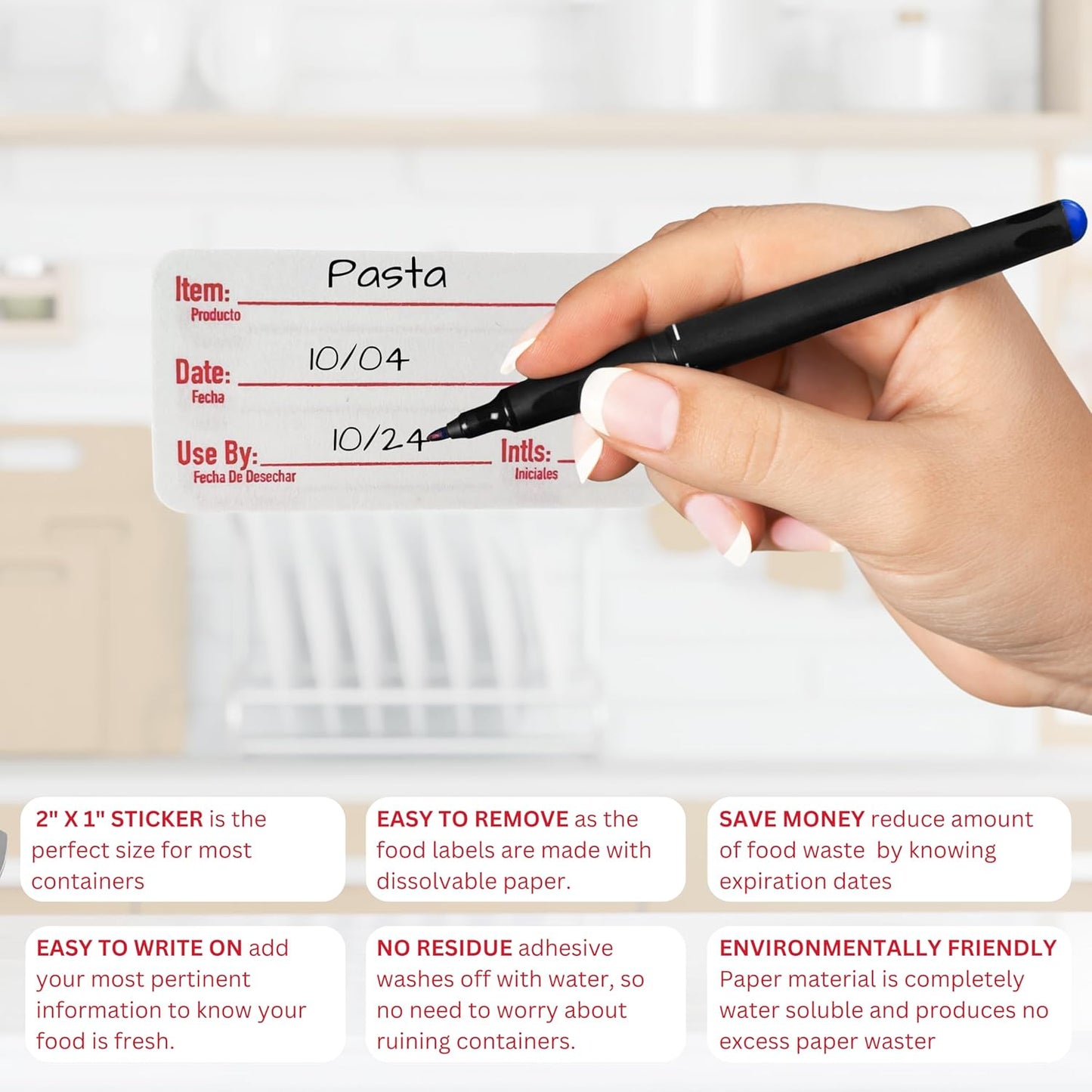 2x1 Dissolvable Food Labels (500, Red) - Writeable Material, Easy Removal, Restaurant Supplies, Kitchen Labels
