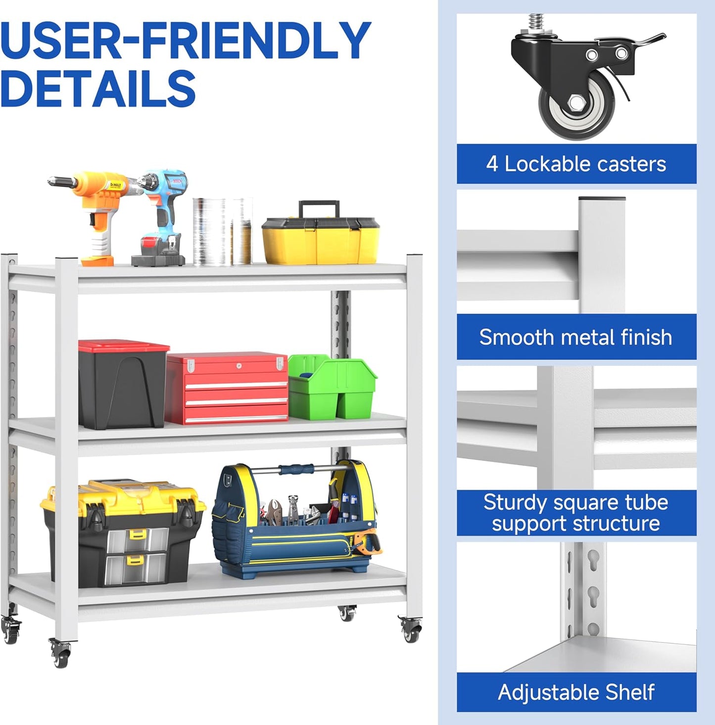 34''W Garage Heavy Duty 3-Tier Adjustable Storage Rack, Steel Shelving with Wheels,Pantry,Kitchen, Office, Closet and Garage Shelves, Easy to Assemble- White