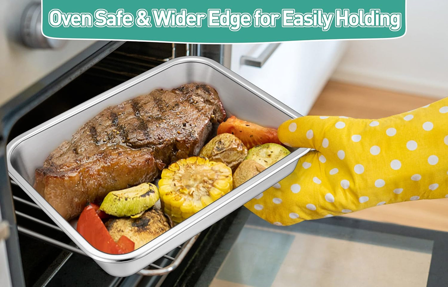 TeamFar Lasagna Pan, 10.5 x 8 x 1.7 inch Stainless Steel Rectangle Cake Pan Brownie Pan Set for Roasting Baking, Non Toxic & Healthy, Oven & Dishwasher Safe, Brushed Surface & Wider Edge - Set of 2