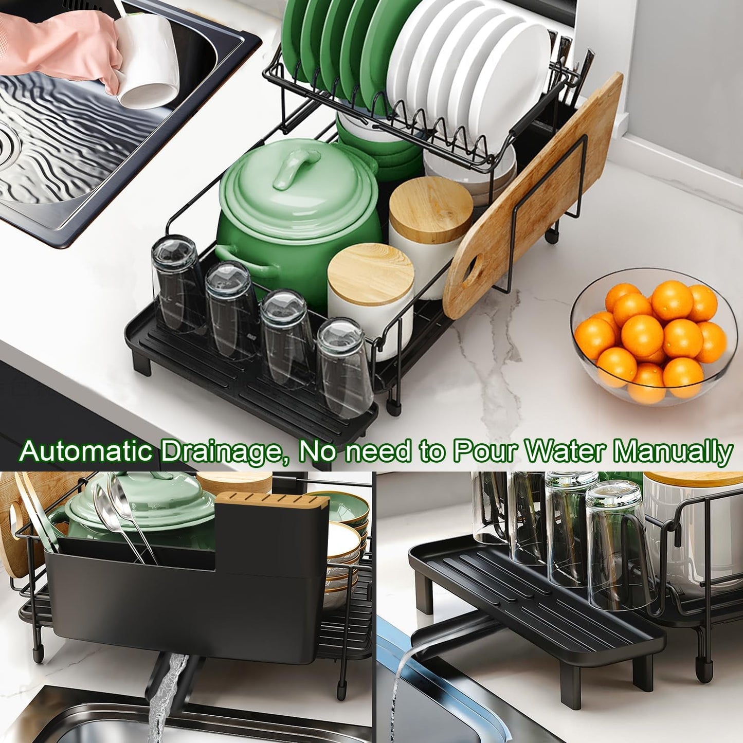 Runnatal Large Dish Drying Rack with Drainboard Set, Stainless Steel Detachable 2-in-1 Large-Capacity 2-Tier Over The Sink Anti-Rust Dish Rack and Dish Drainer for Kitchen Counter
