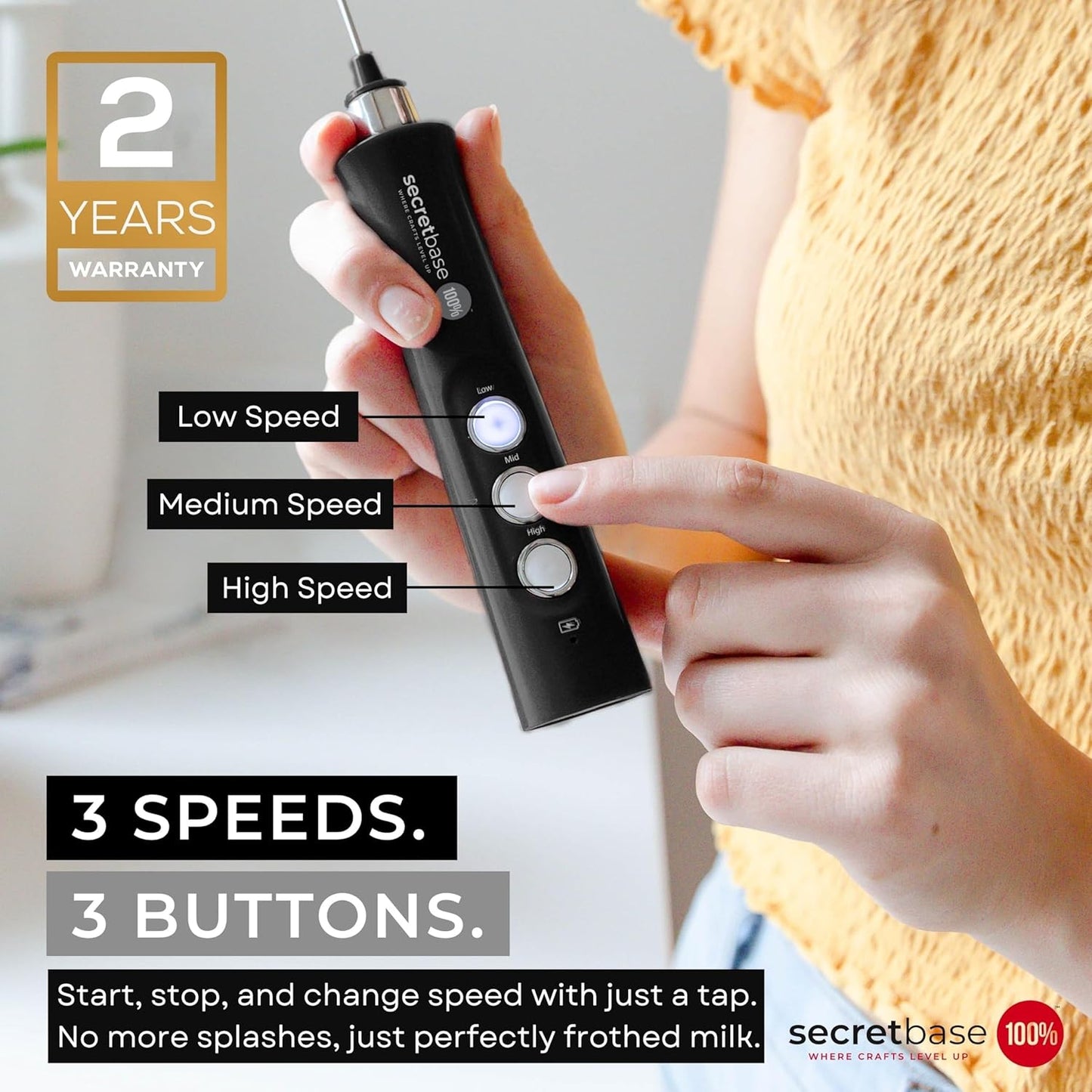 Secretbase 3 Speed Rechargeable Milk Frother Handheld, USB Charging Cradle - Stainless Steel Whisk for Bulletproof Coffee, Espresso Whipper, Mini Electric Stirrer (Black Frother without Pitcher)