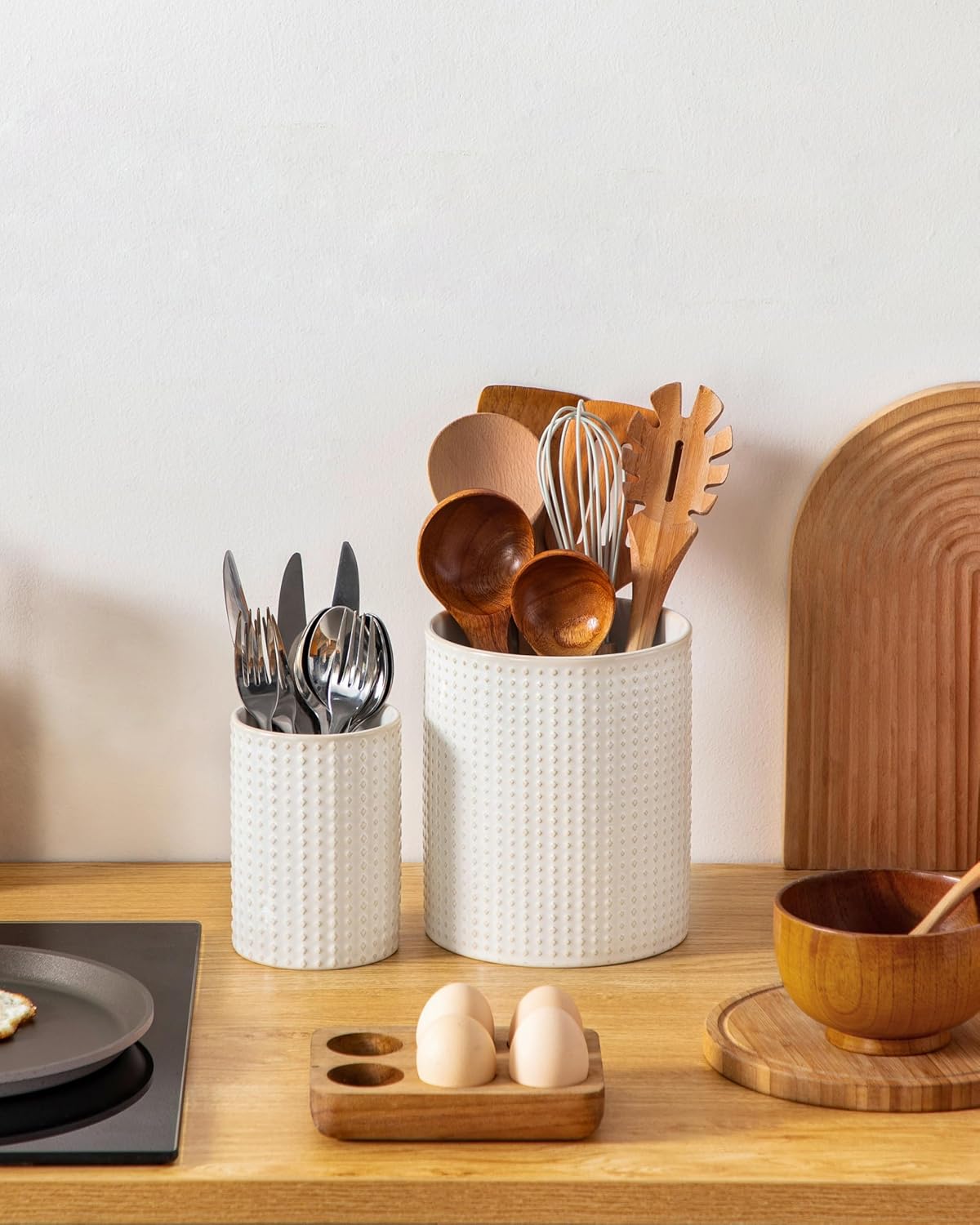 MALACASA LYDIA Ceramic Utensil Holders, 7.3"+5.5" Kitchen Utensil Crock Set for Countertop, Large & Small Utensil Organizers for Cooking Tools, Rhombus Pattern