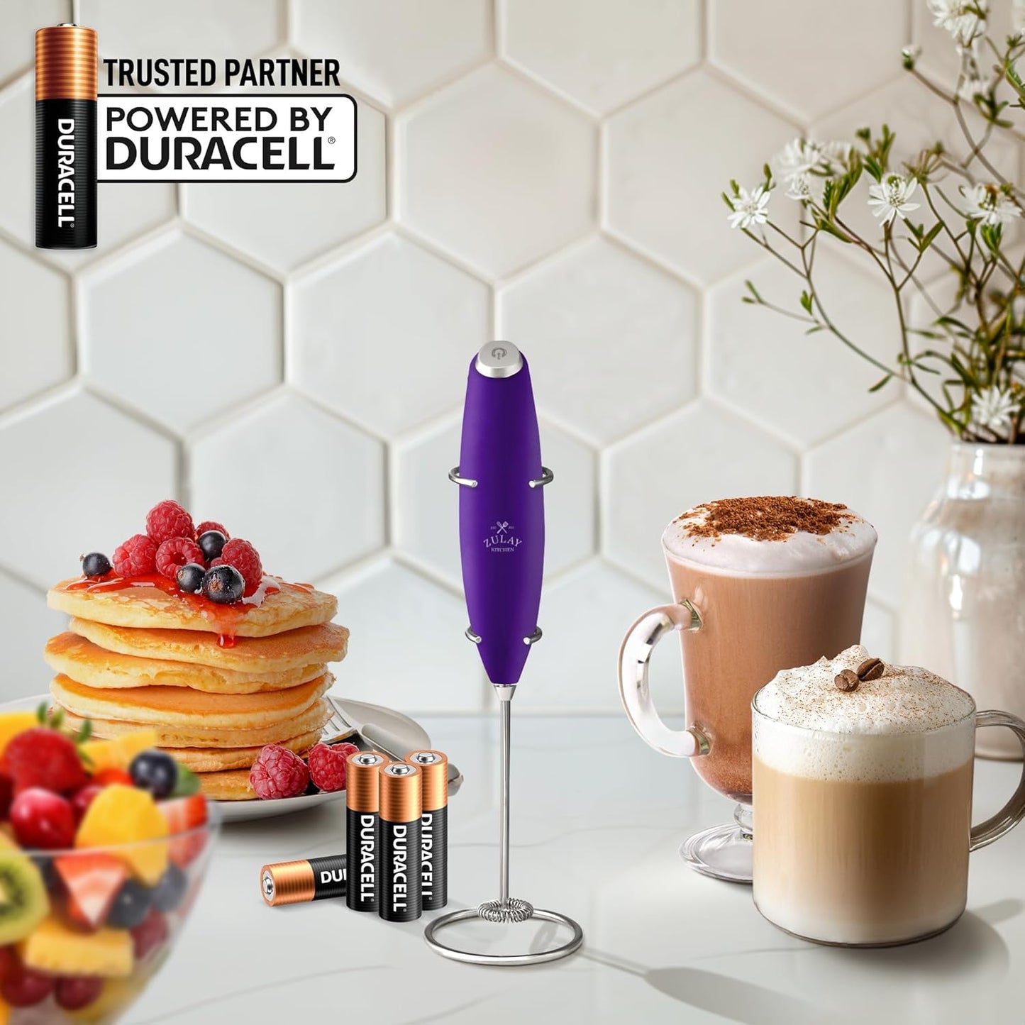 Zulay Kitchen Powerful Milk Frother Wand With 4 AA Duracell Batteries - Ultra Fast Handheld Drink Mixer - Electric Whisk Foam Maker for Coffee, Lattes, Cappuccino, Matcha & Creamer -