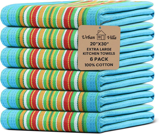 Urban Villa Kitchen Towels Waffle Stripes Dish Towels for Kitchen Azure Color Set of 6 Kitchen Towels Highly Absorbent Cotton Over Sized 20X30 in with Mitered Corners Kitchen Hand Tea Towels