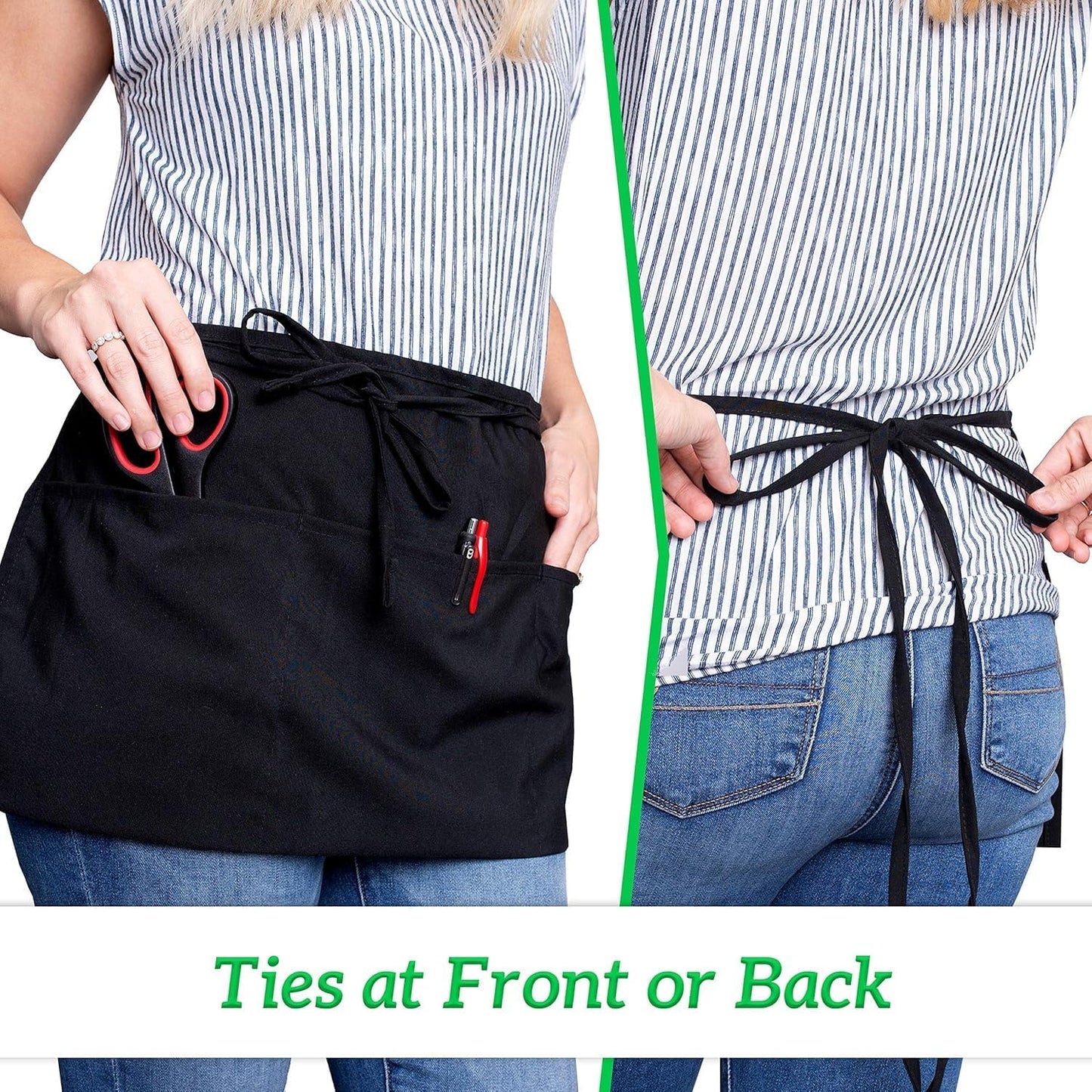 GREEN LIFESTYLE Server Aprons with 3 Pockets - Waist Apron, Waitress Apron for Women and Man, Water Resistant with Long Waist Strap Reinforced Seams, Half Apron (24 Pack - Black)