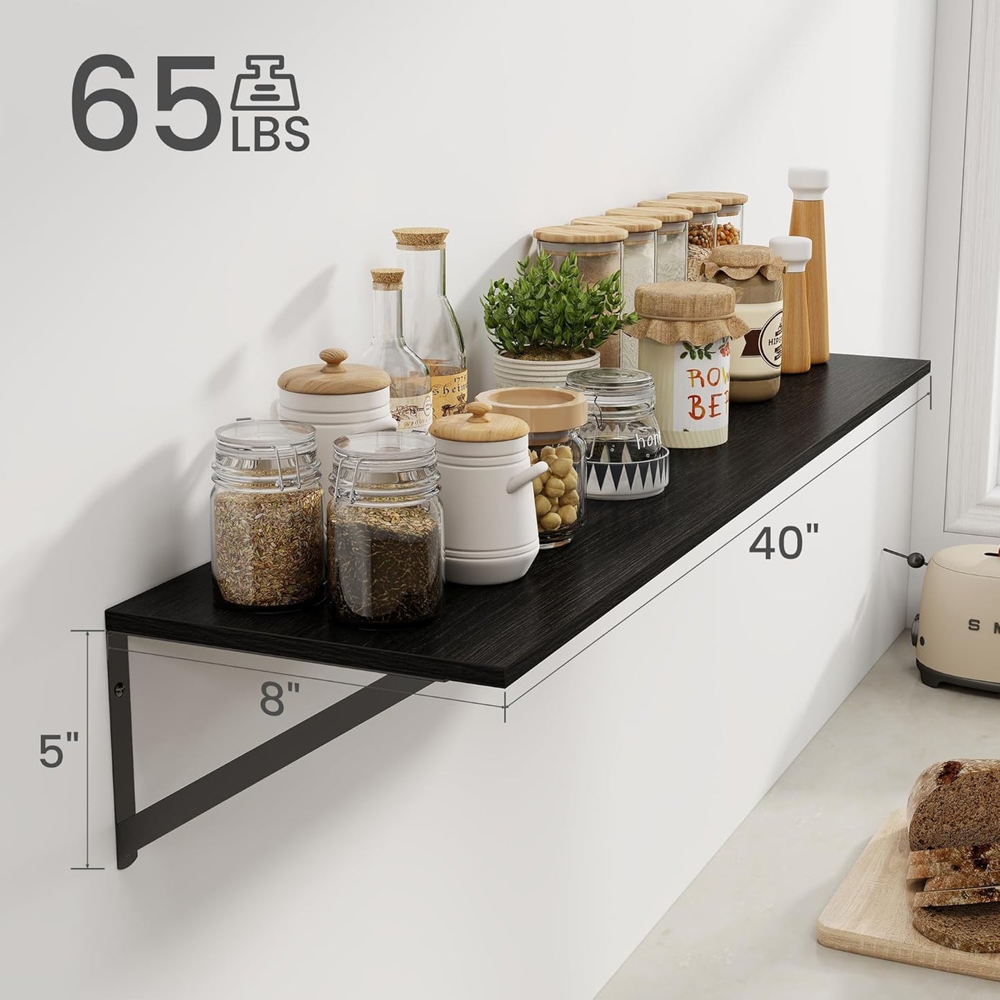 Heimlove Black Deep Floating Shelves for Wall, 40W x 8D Wood Wall Shelves Set of 2, Wide Floating Bookshelf for Living Room, Kitchen, Office, Bedroom and Decor Storage, with Metal Bracket - Black