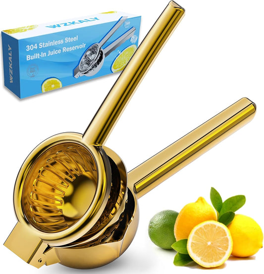 Lemon Squeezer Stainless Steel - Heavy Duty Solid Metal Squeezer Bowl - Large Manual Citrus Press Juicer and Lime Squeezer - 2 in 1 hand Juicer - Store Juice -No Splashing-Gold