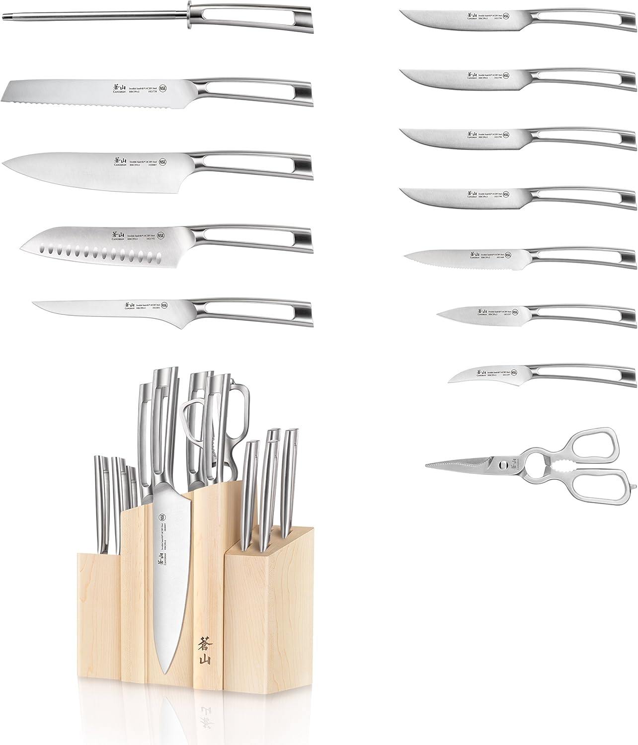 Cangshan TN1 Series 1021967 Swedish 14C28N Steel Forged 14-Piece DENALI Magnetic Knife Block Set, Maple