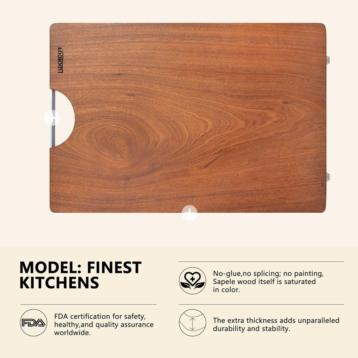 Real Solid Wood Cutting Board- Single Piece Wooden Cutting Board No Splicing&Glue, Sapele Wood Cutting Boards Of 17.7 * 11.8 * 1.2in Heavy Duty