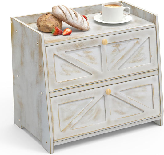 Vintage Double Layer Bread Box for Kitchen Counter Bamboo Bread Storage Container Large Capacity Bread Storage Bin (Antique White)