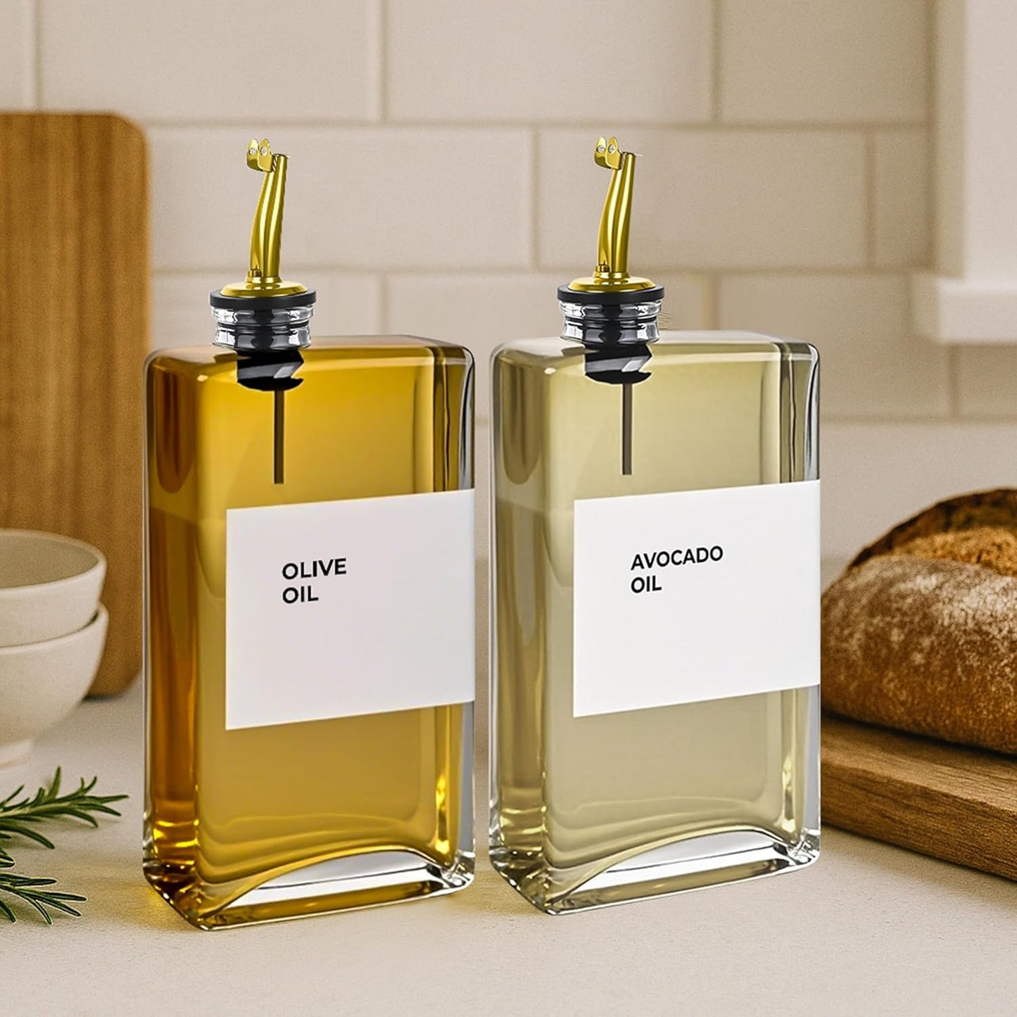 Olive Oil Dispenser Bottle - Includes 44 Kitchen Essential Labels - Cooking Oil Bottles for Kitchen, Coffee Syrup Dispenser - Pourer Spout with 11.8 fl oz Glass Container Cruet - 4pcs, Gold
