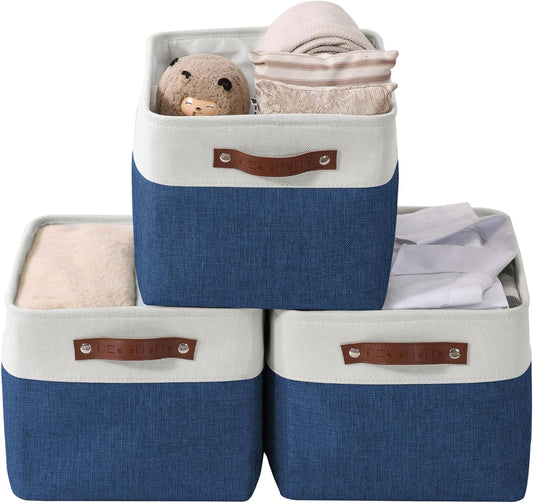 DECOMOMO Storage Baskets for Shelves - Fabric Storage Bins, Linen Closet Organizers and Storage (Navy Blue & White, Large - 3 Pack)
