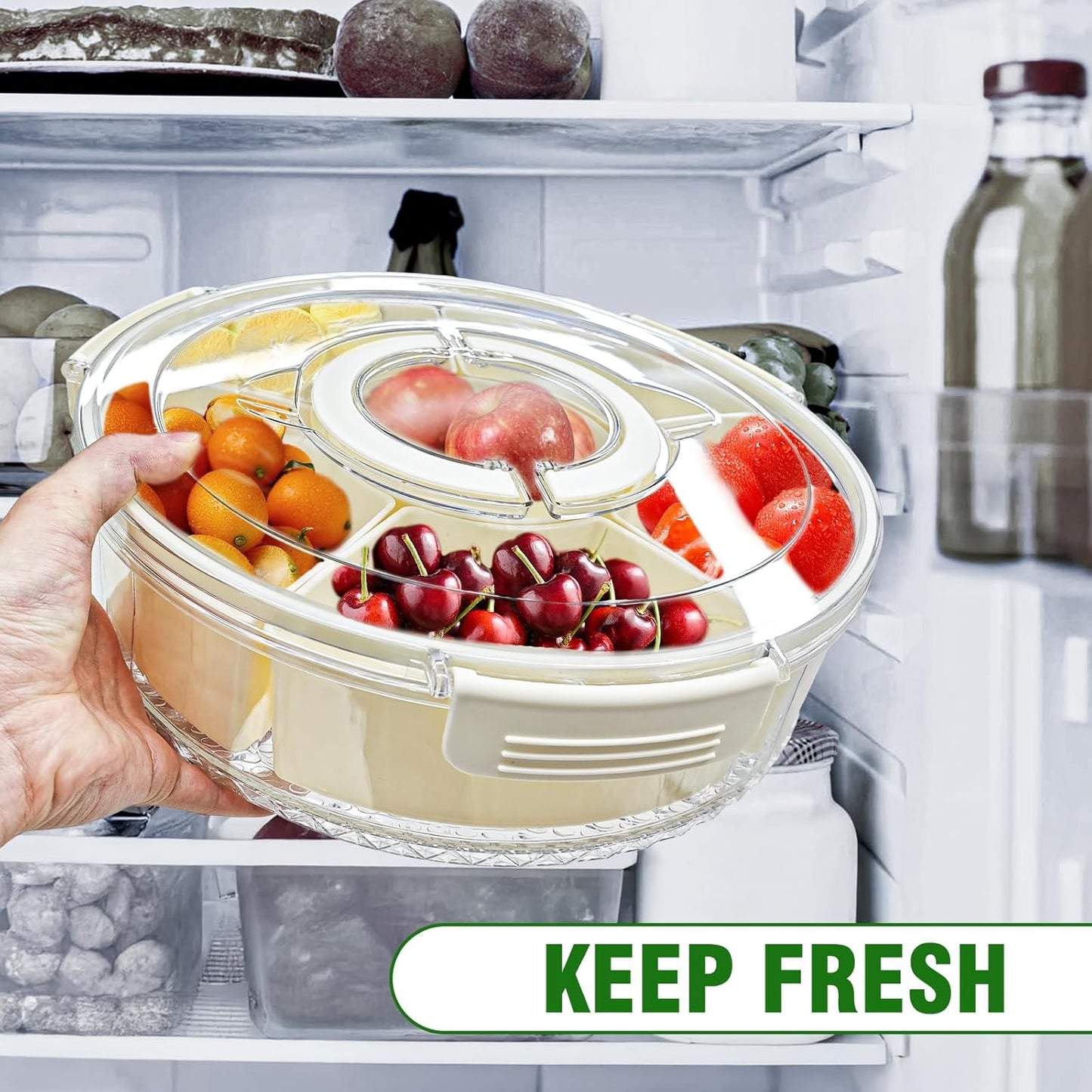 Divided Serving Tray with Lid Rotating Veggie Tray Charcuterie Tray for dinner party, Portable Snack Spinner for Picnic, Travel, Leakproof Serving Platter