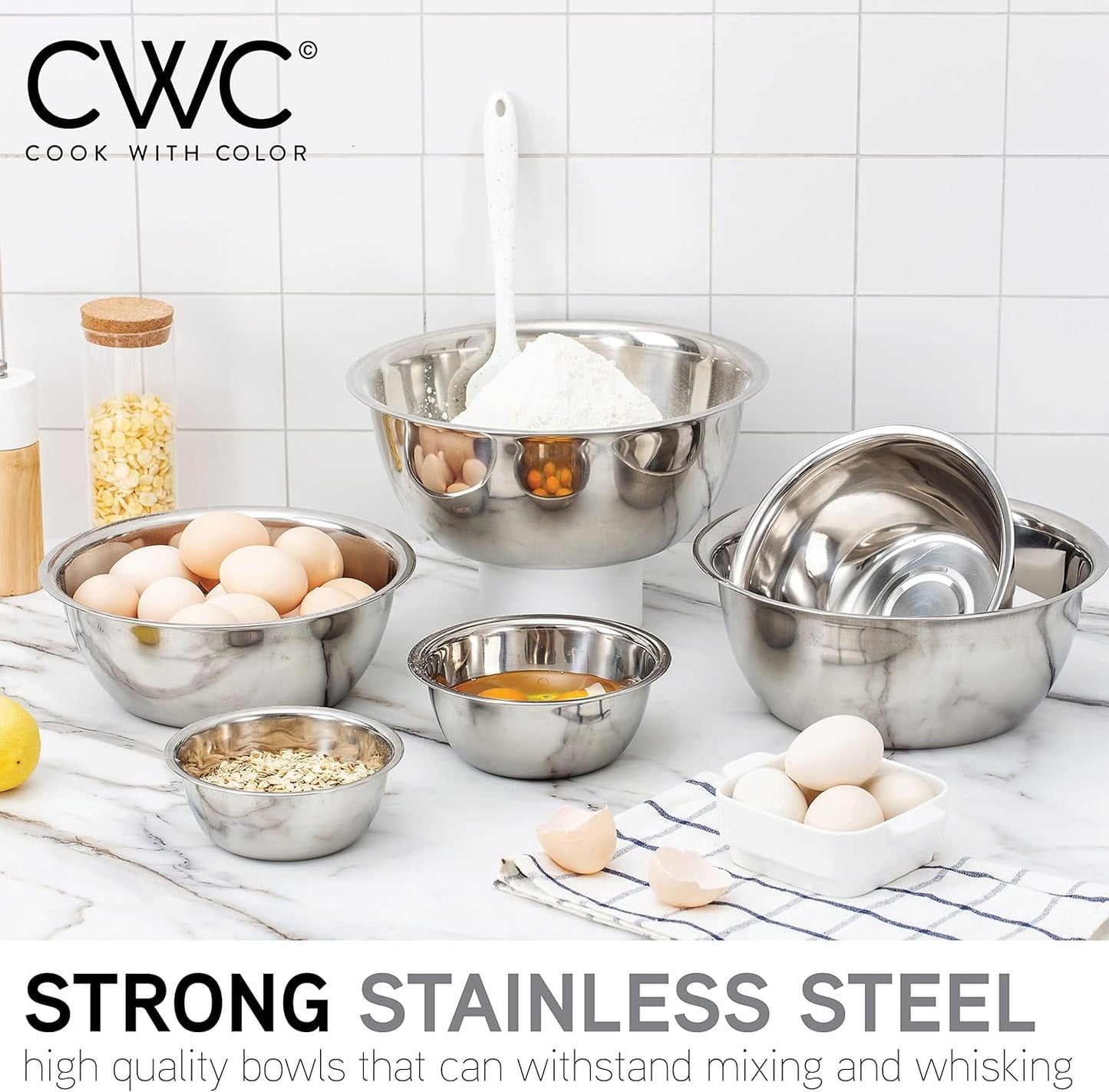 COOK WITH COLOR Stainless Steel Mixing Bowls Set - Nesting Bowls, 6 Pieces, Silver