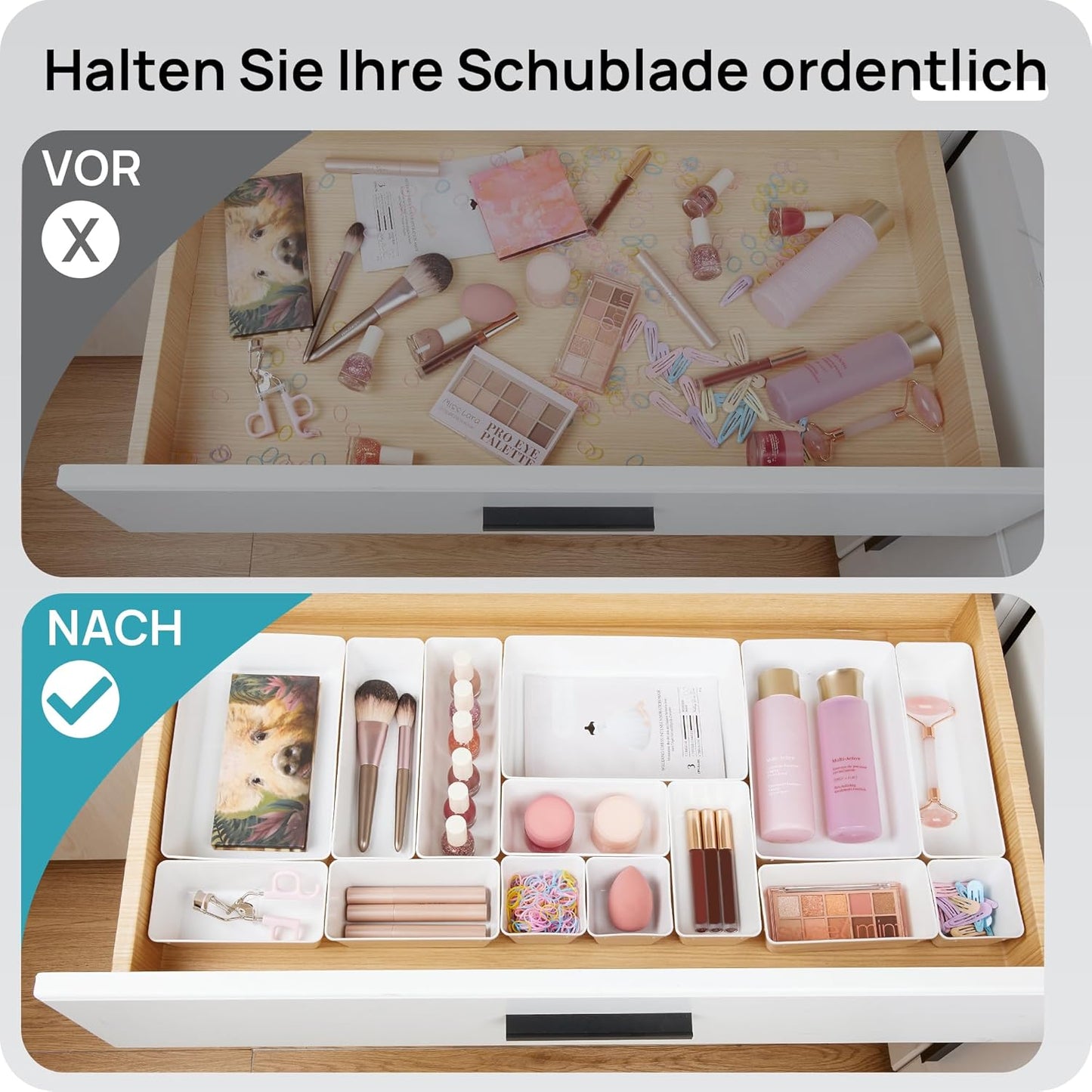 Vtopmart 25 PCS Plastic Drawer Organizers Set, 4-Size Versatile Bathroom and Vanity Drawer Organizer Trays, Storage Bins for Makeup, Bedroom, Kitchen Gadgets Utensils and Office