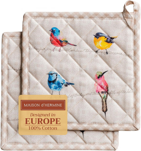 Maison d' Hermine Pot Holders set 100% Cotton Heat Resistant Potholders 8" x 8" Hot Pads with Loop BBQ, Cooking, Baking, Grilling, Kitchen, Handling Hot Pans Spring/Summer (Pack of 2, Birdies On Wire)