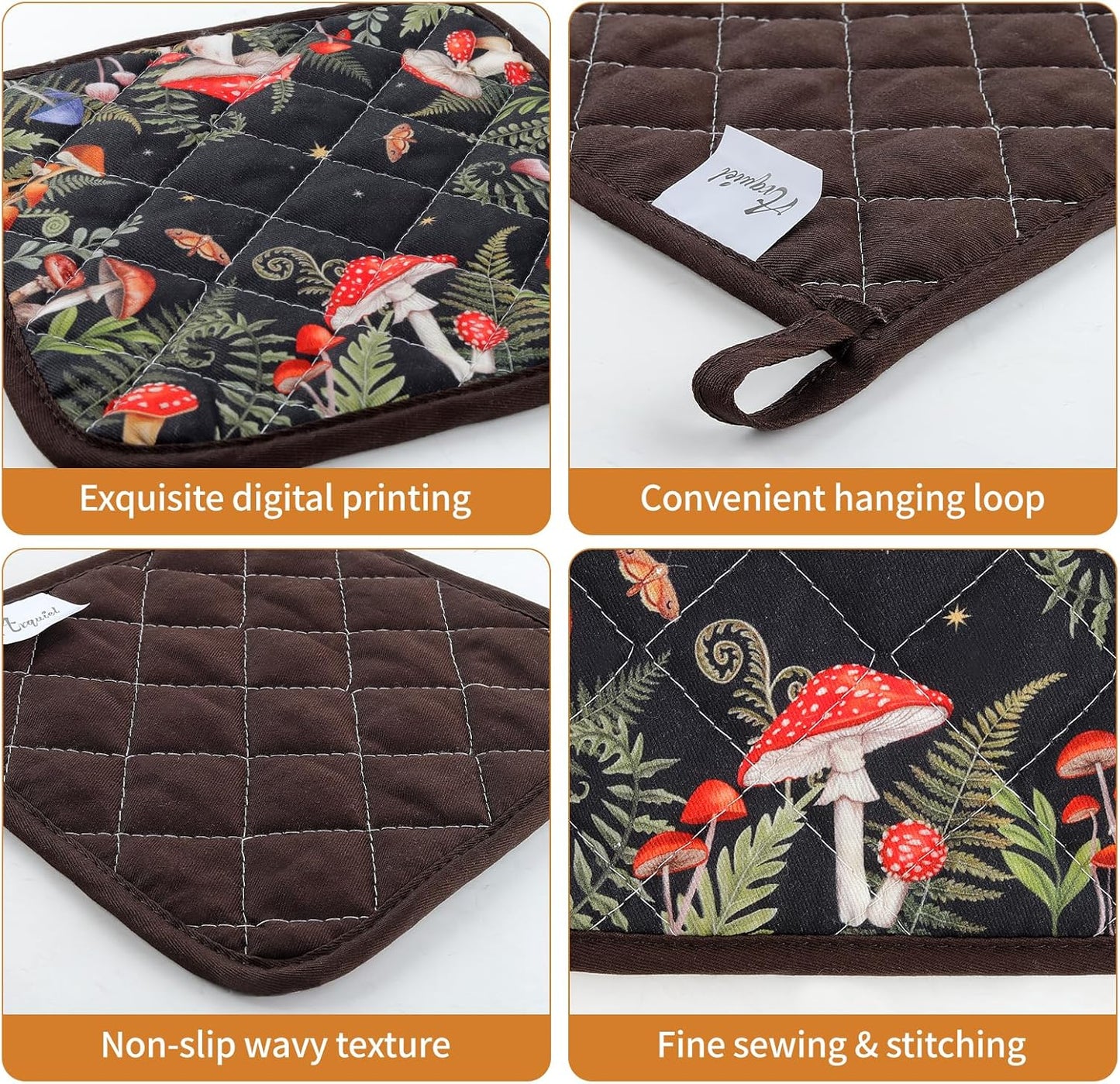 Mushroom Grass Oven Mitts and Pot Holders Sets 2Pcs, 100% Cotton Heat Resistant, Extra Long Oven Gloves Potholder for Kitchen Cooking Baking Decoration