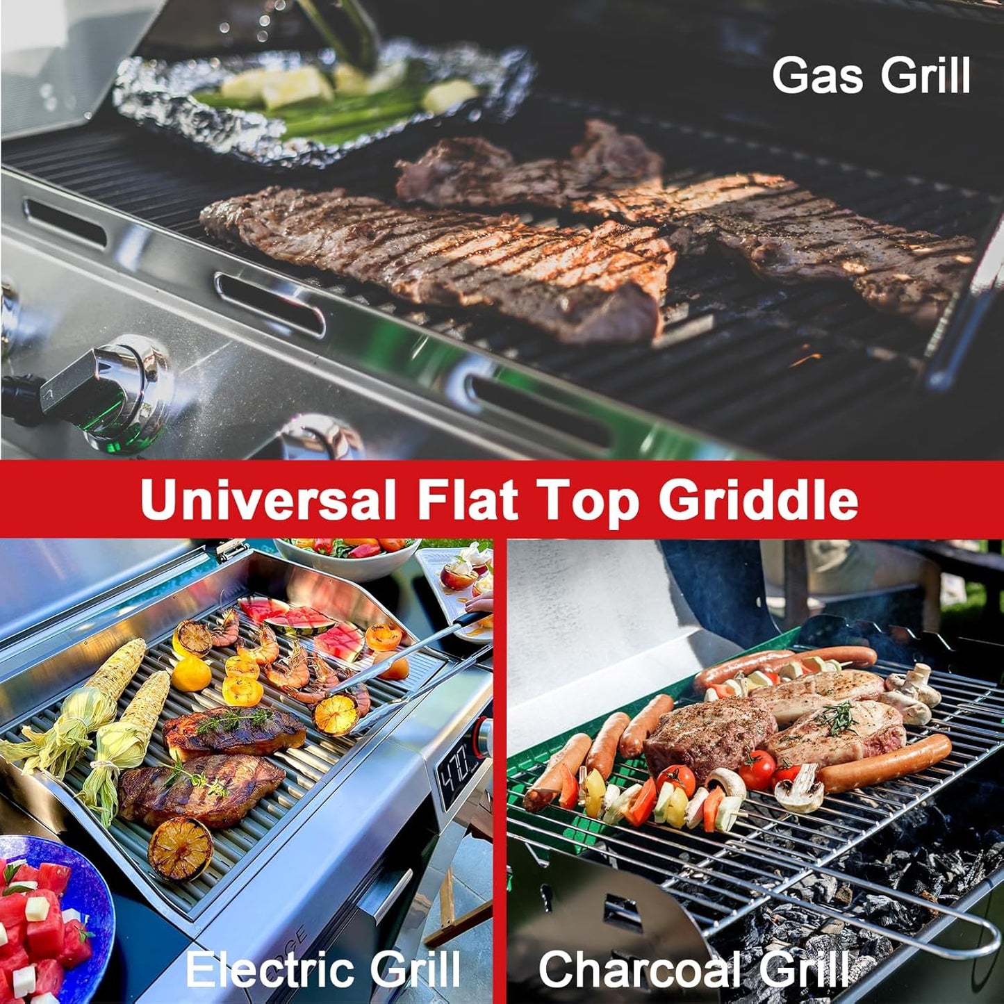 Universal Griddle 17"x13" Insert for Electric/Charcoal/Gas Grills, Nonstick Skillet Plate Teppanyaki for Party Outdoor Cooking Camping Tailgating,Carbon Steel Flat Top Griddle Plate with Grease Groove