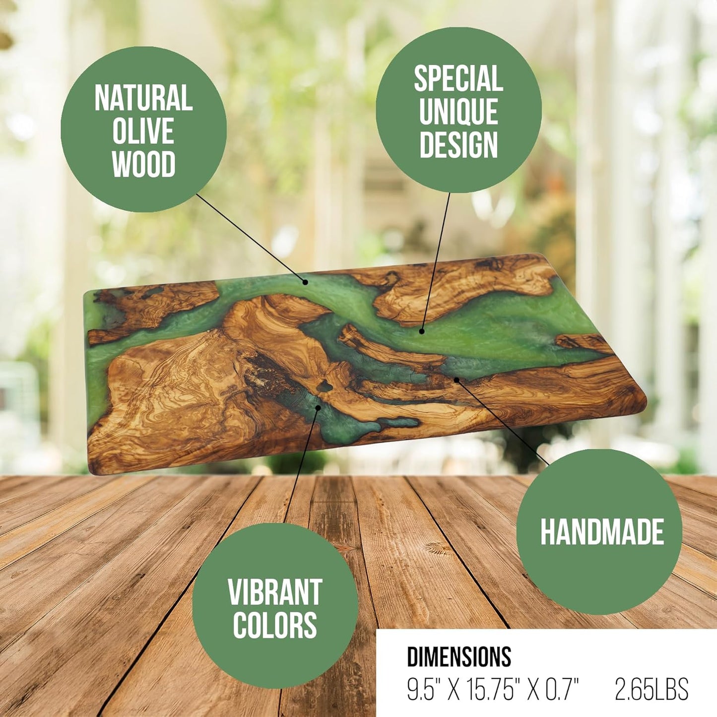 Handmade Epoxy Cutting Board & Charcuterie Board - Decorative, Olive Wood Boards for Serving Cheese, Fruit, Meat - Ideal for Kitchen, Unique Housewarming Gift- Green Resin