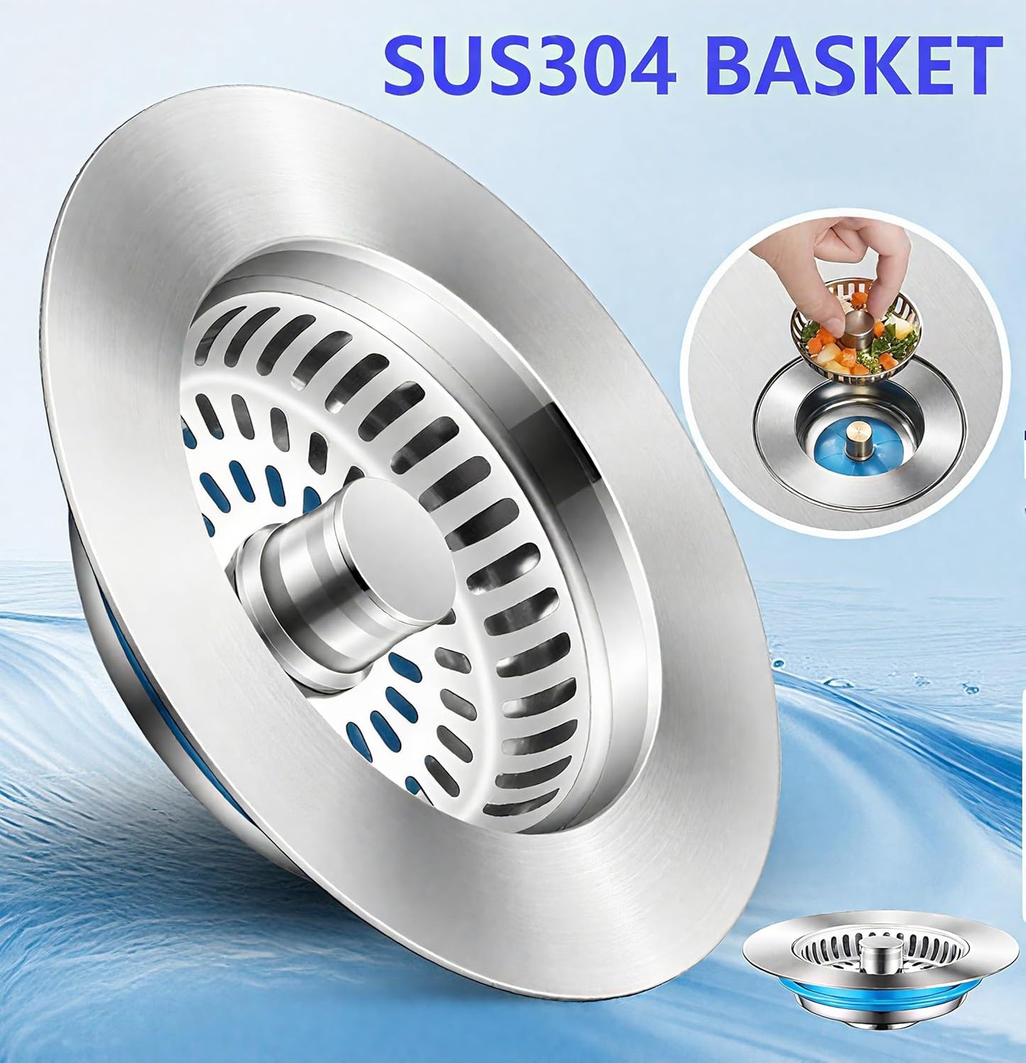 3-in-1 Kitchen Sink Drain Strainer Stopper,Stainless Steel Sink Stopper, Anti-Clogging Sink Food Catcher Basket,Universal Sink Protector Cover for Standard 3-1/2 Inch Drain