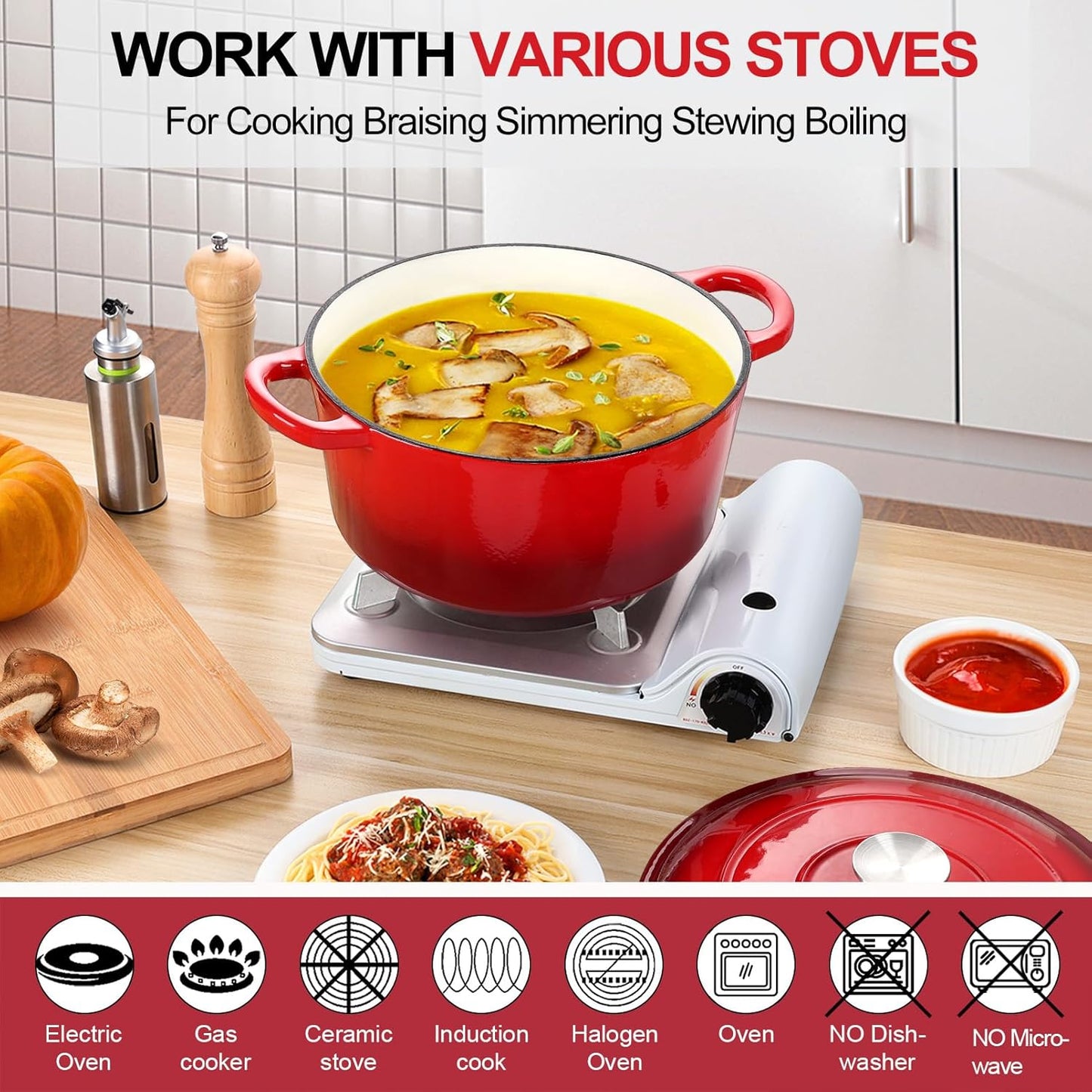 P&P CHEF 7QT Enameled Dutch Oven, Cast Iron Dutch Oven Pot with Lid for Bread Baking, Enameled Casserole Pot for Roasting Braising Stewing Frying Simmering, Various Stoves & Easy Clean, Red