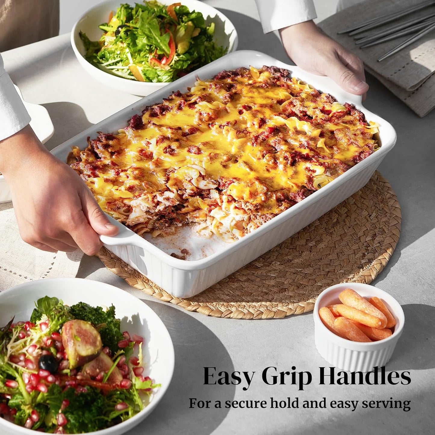 DOWAN Casserole Dishes for Oven, Baking Dishes Set, Ceramic Bakeware Sets of 3, Lasagna Pan Deep, Rectangular Baking Pan Set with Handles for Baking, Casserole, Kitchen, Wedding Gift, Soft White (15.6''/12.2''/8.9'')