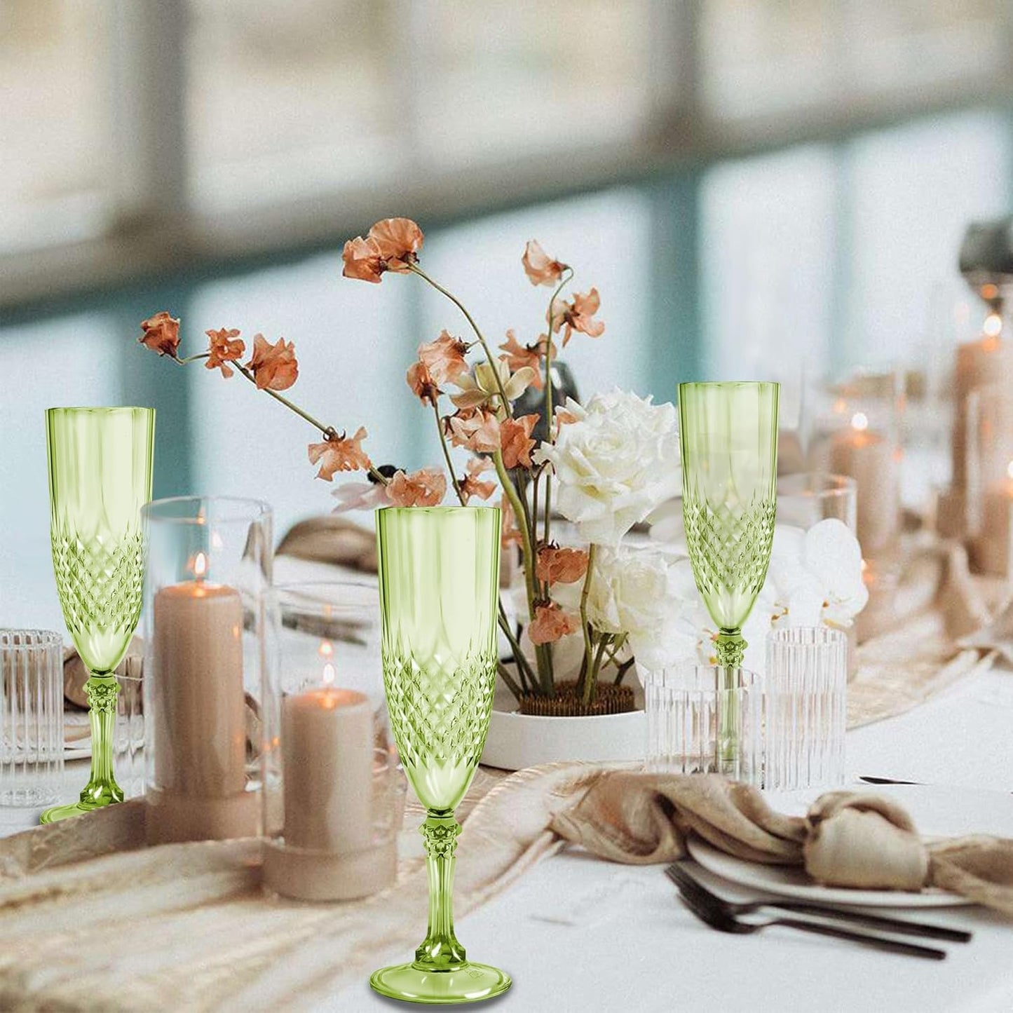 Plastic Champagne Flutes, 12PCS Green Plastic Wine Glasses Goblets Reusable Champagne Flute for Weddings, Bachelor Parties, Toasting, and Events(12, Green)