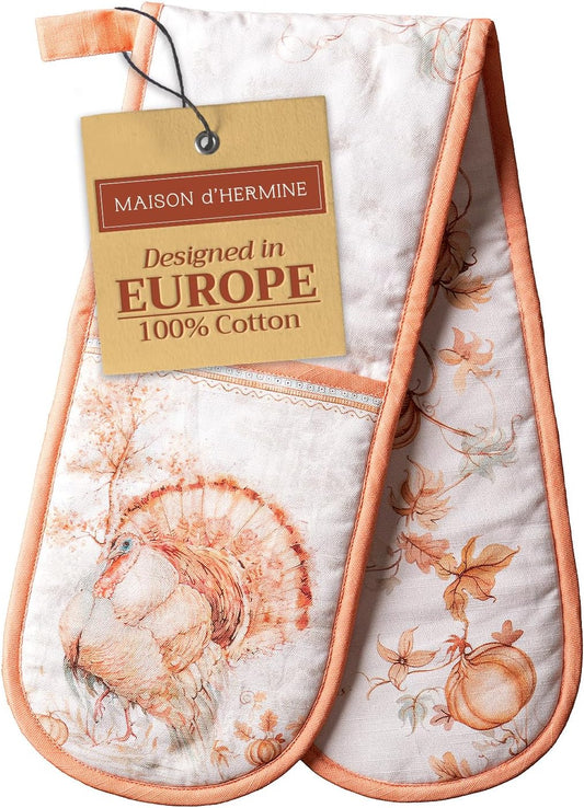 Maison d' Hermine Double Oven Mitts 100% Cotton 7"x35" Double Oven Mitt Heat Resistant BBQ Cooking Gloves with Loop, Baking, Grilling, Home, Kitchen, Handling Hot Pans (Giving Thanks)